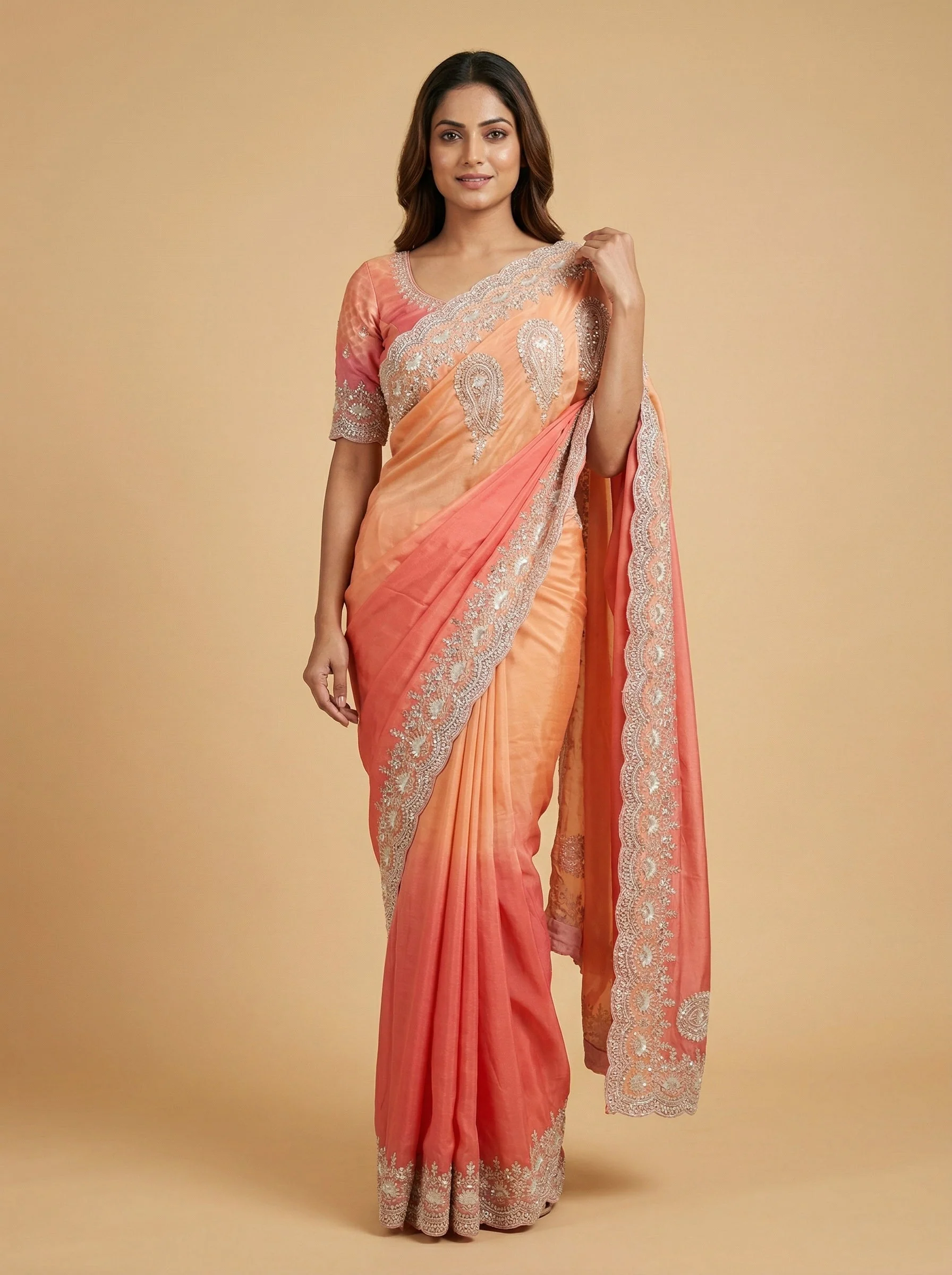 Pink Peach Mixed Embroidered Saree