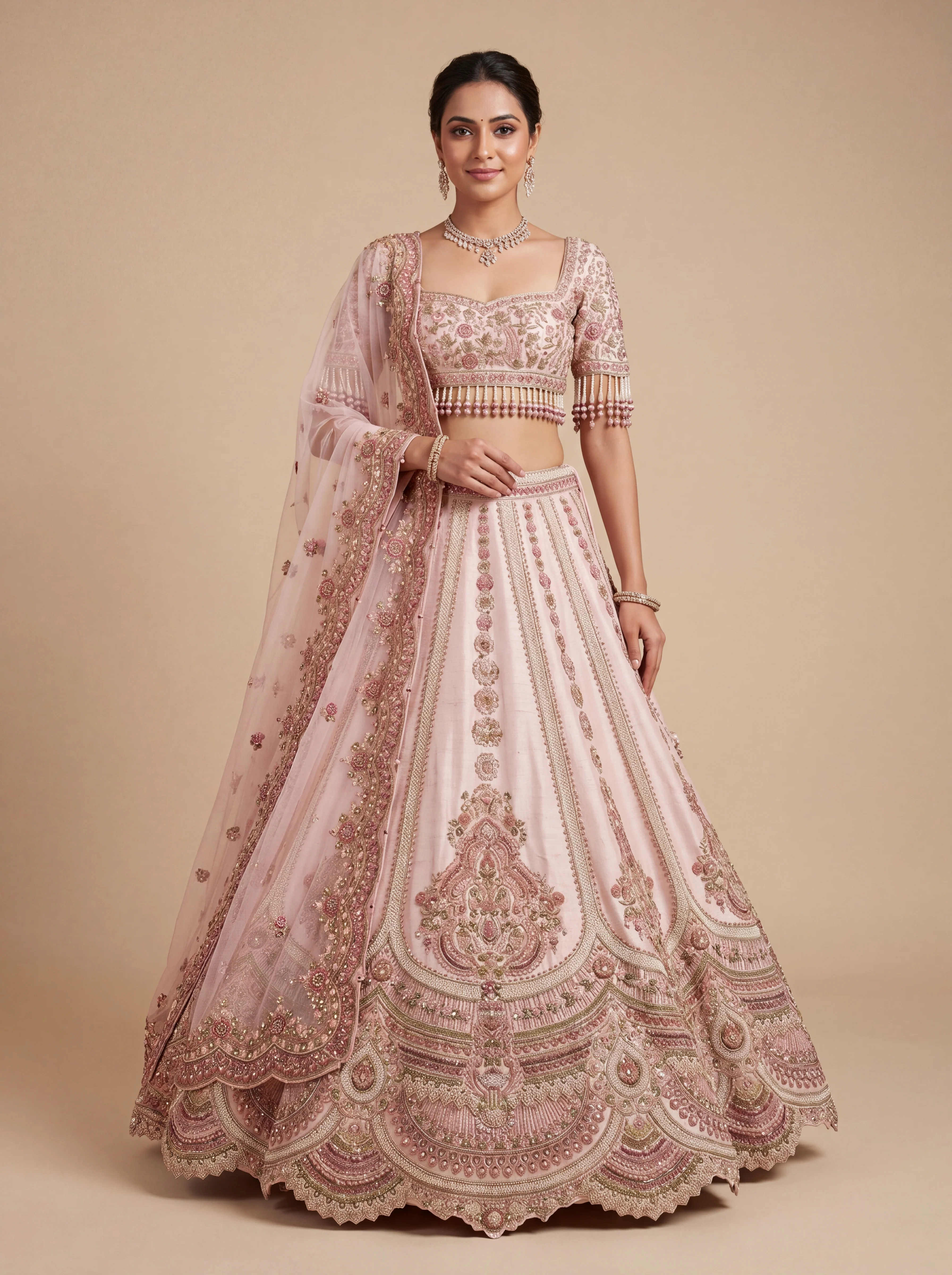 Pink Pheras Bridal Lehenga With AllOver Embellishment Flare