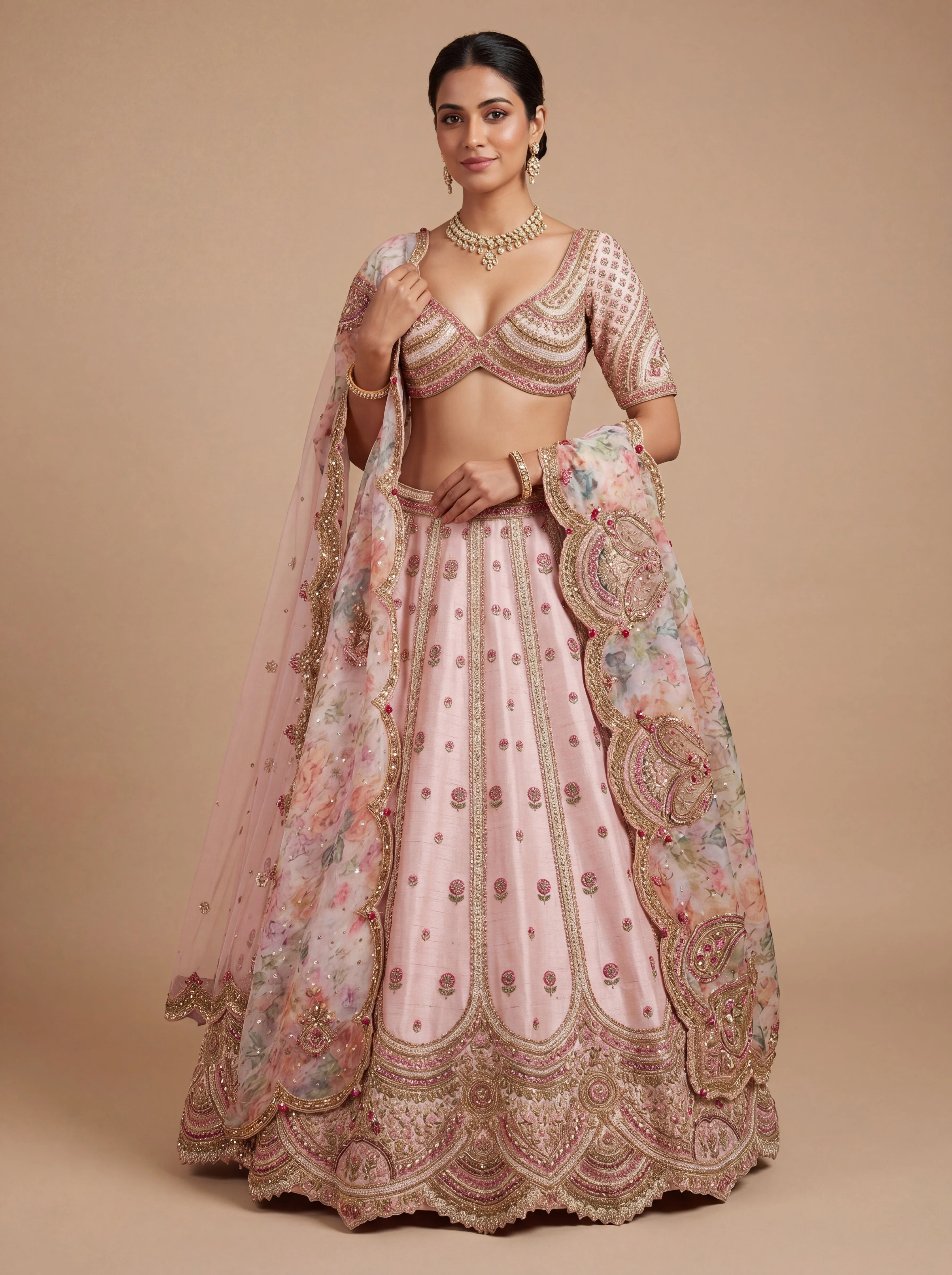 Pink Pheras Bridal Lehenga With Soft Embroidered Flare