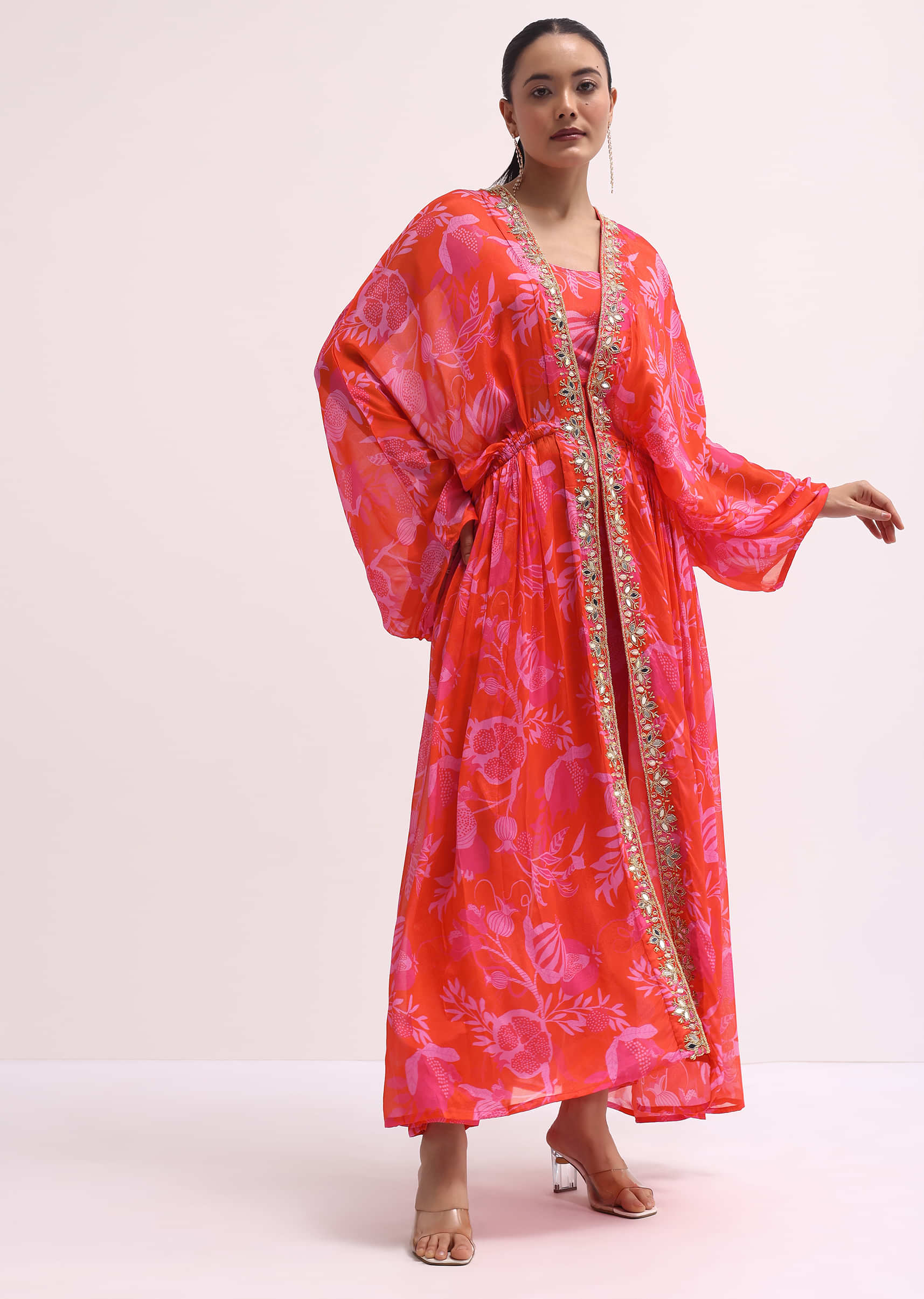 Pink Printed Chinon Pant Set With Jacket - Image 3