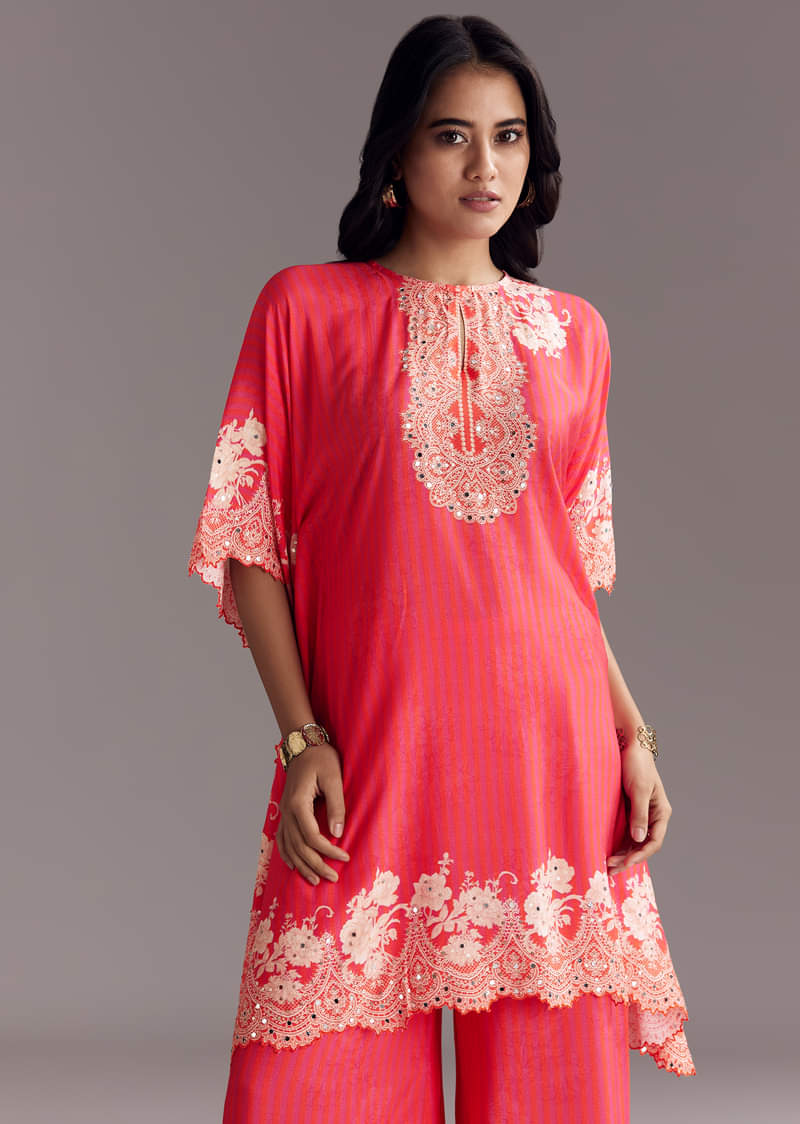 Pink Printed Co-ord Set With Mirror Work - Image 4