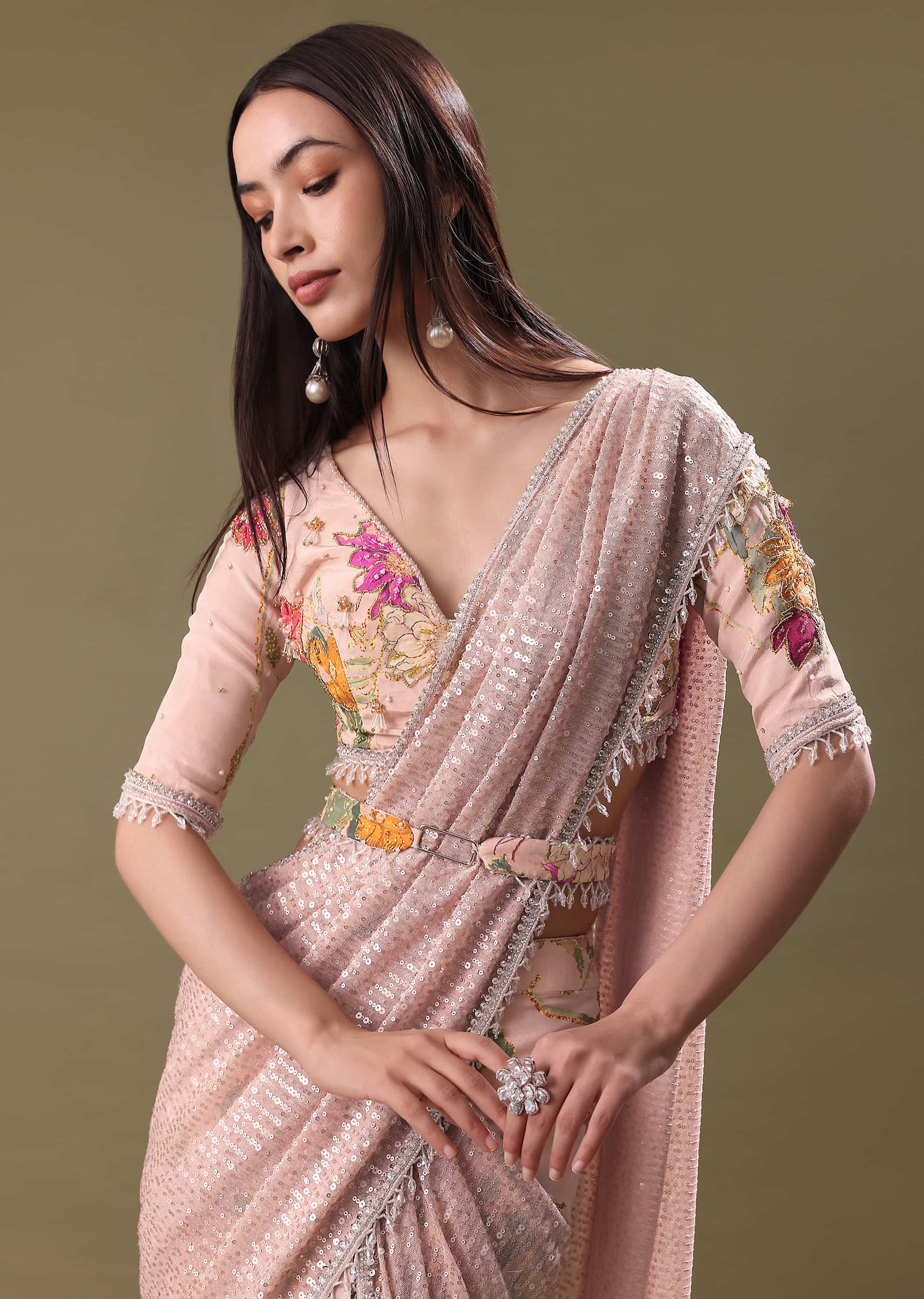 Pink Printed Crepe Frill Saree - Image 2