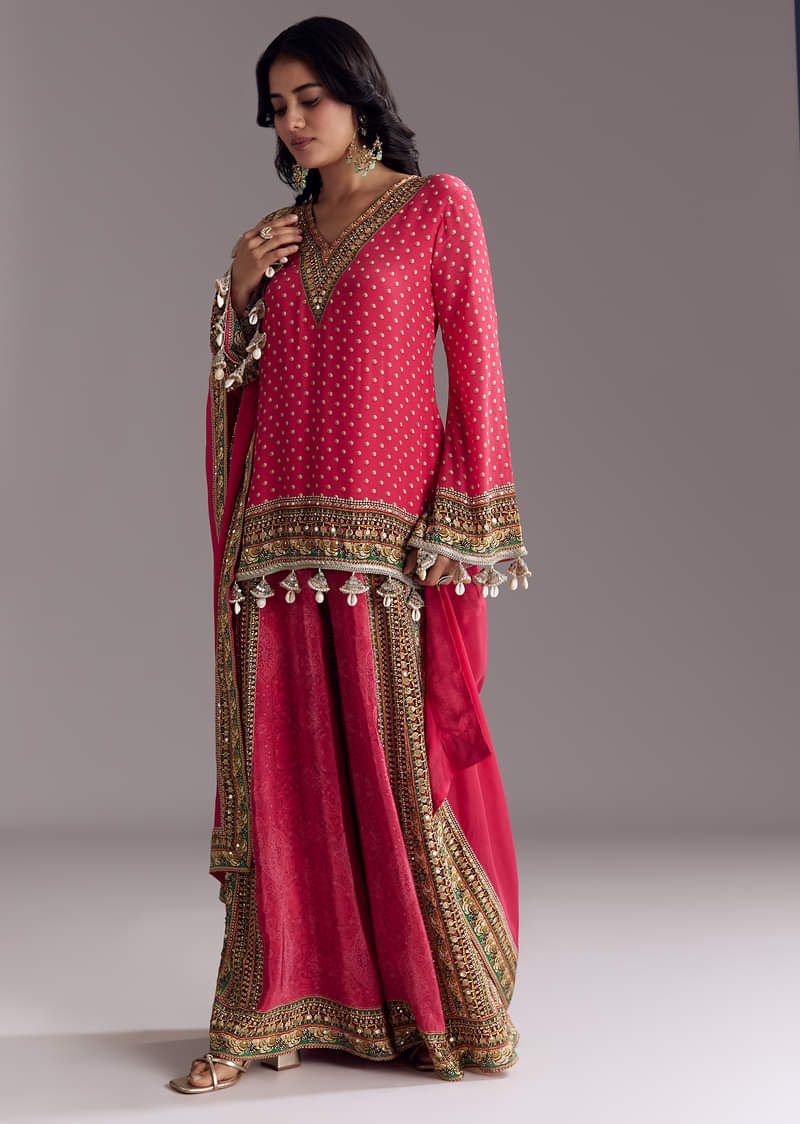 Pink Printed Palazzo Set With Dupatta - Image 3