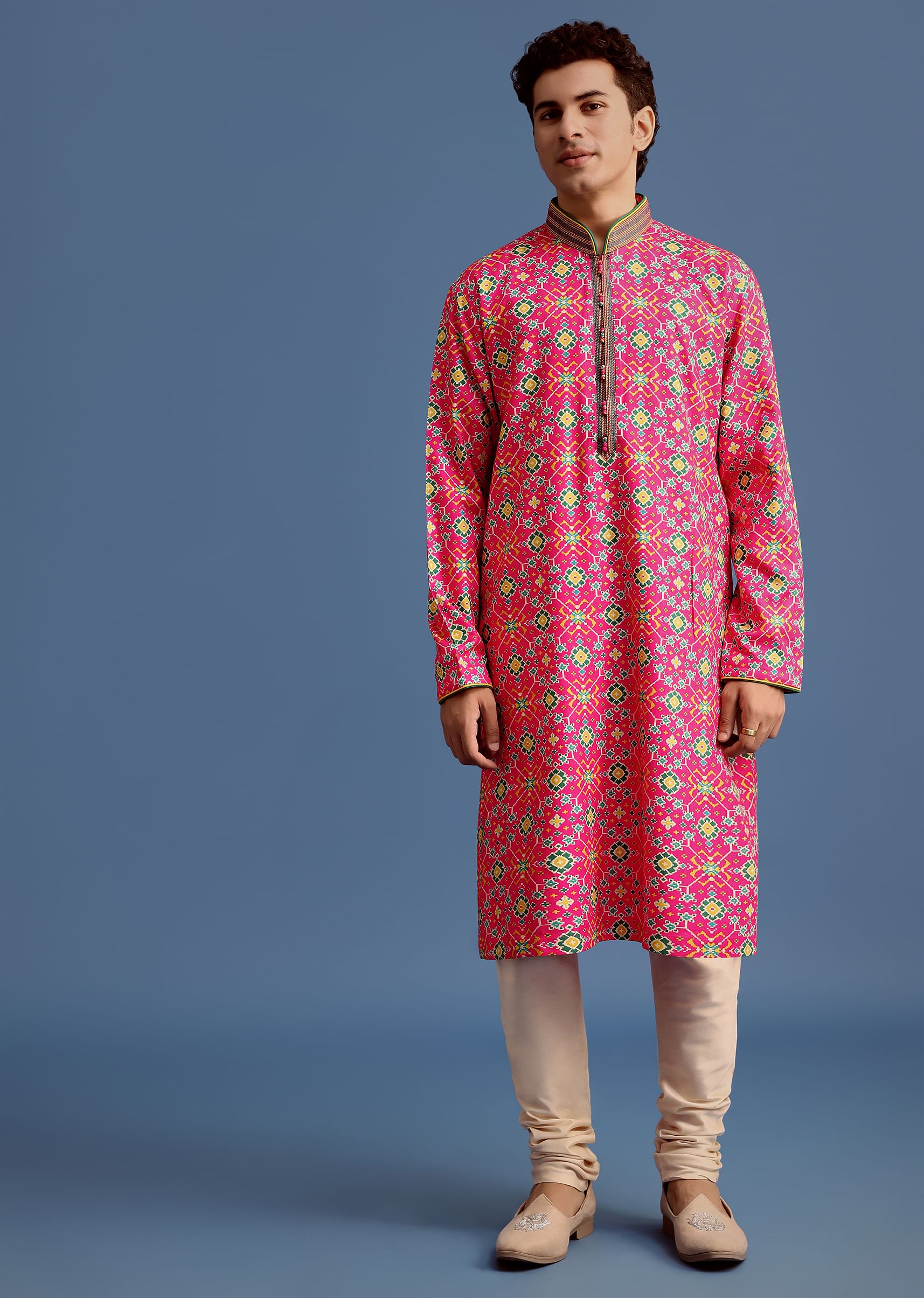 Pink Printed Pashmina Kurta Set For Men - Image 3