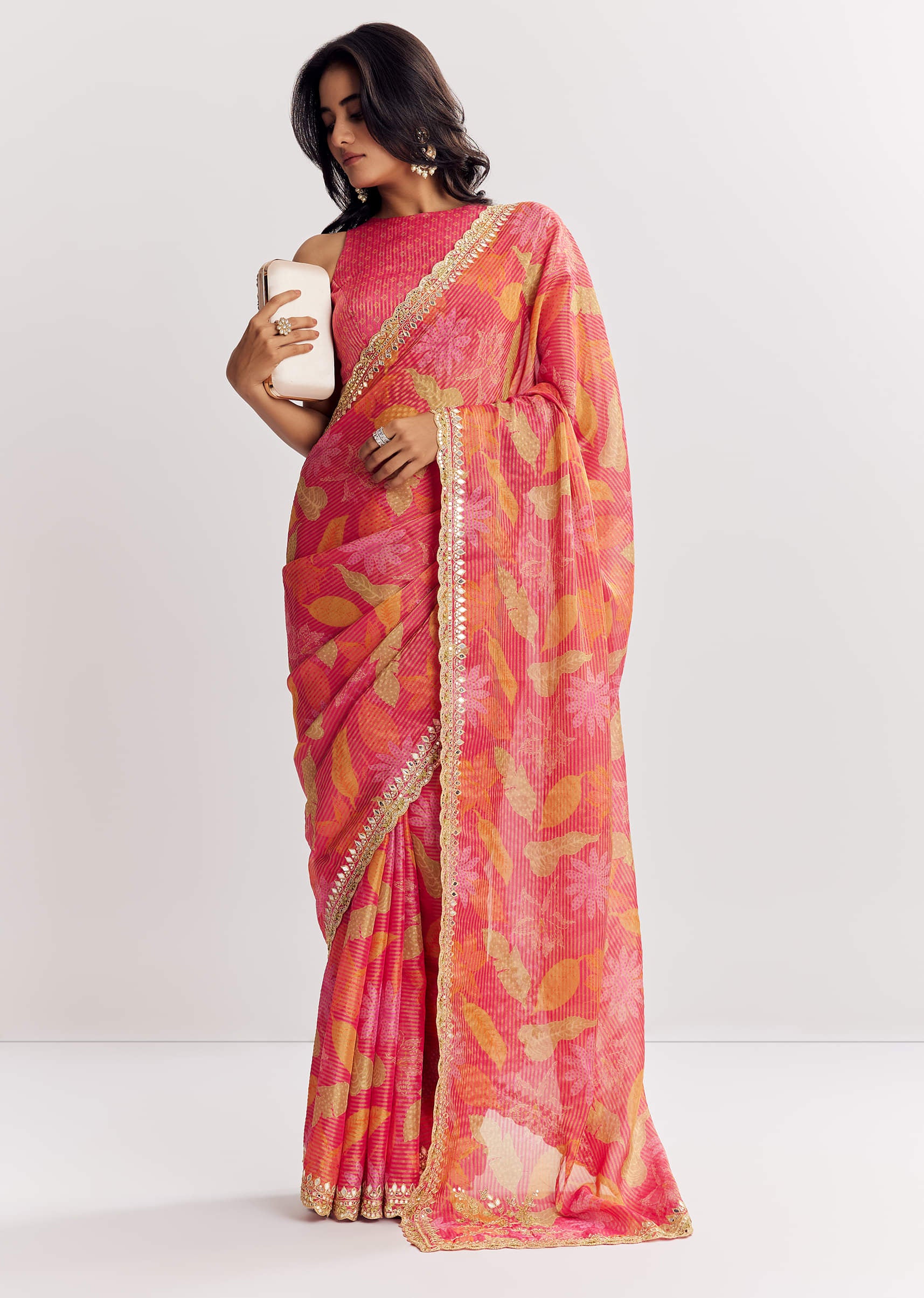 Pink Printed Tissue Lurex Saree With Zari Mirror And Cutdana Embroidery - Image 3