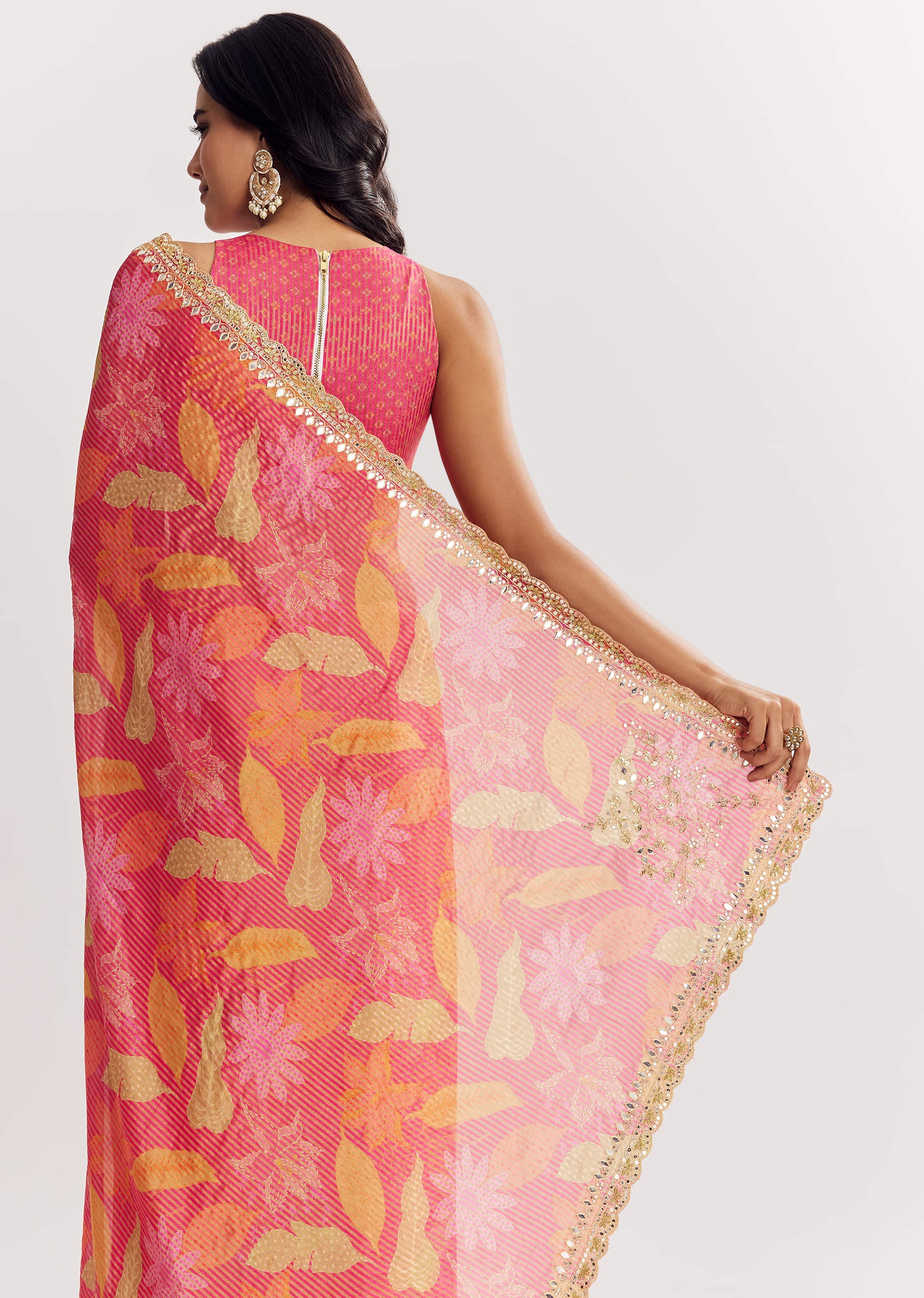 Pink Printed Tissue Lurex Saree With Zari Mirror And Cutdana Embroidery - Image 5