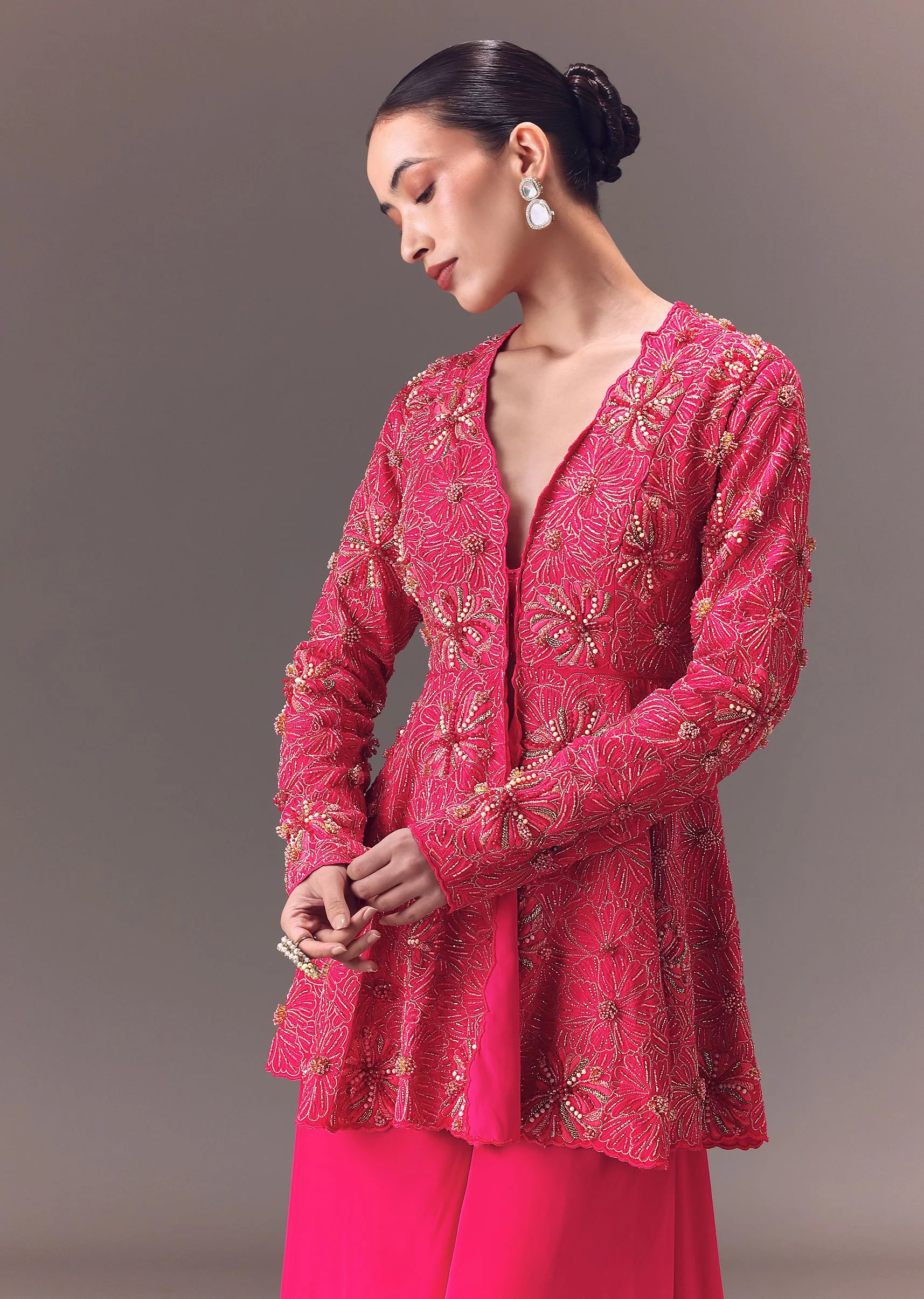 Pink Raw Silk Peplum With Double Circular Palazzo Pants - Image 4