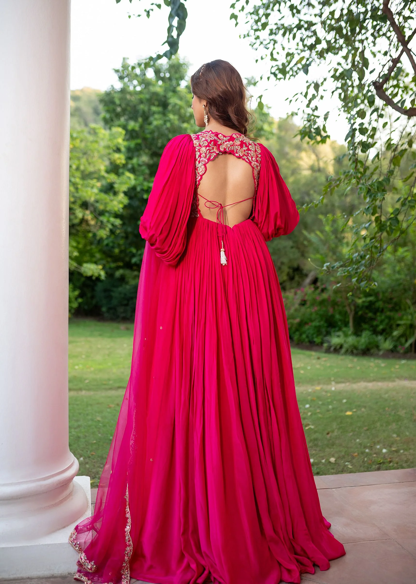 Pink Raw Silk Thread Embroidered Anarkali With Balloon Sleeves And Embroidered Dupatta - Image 7