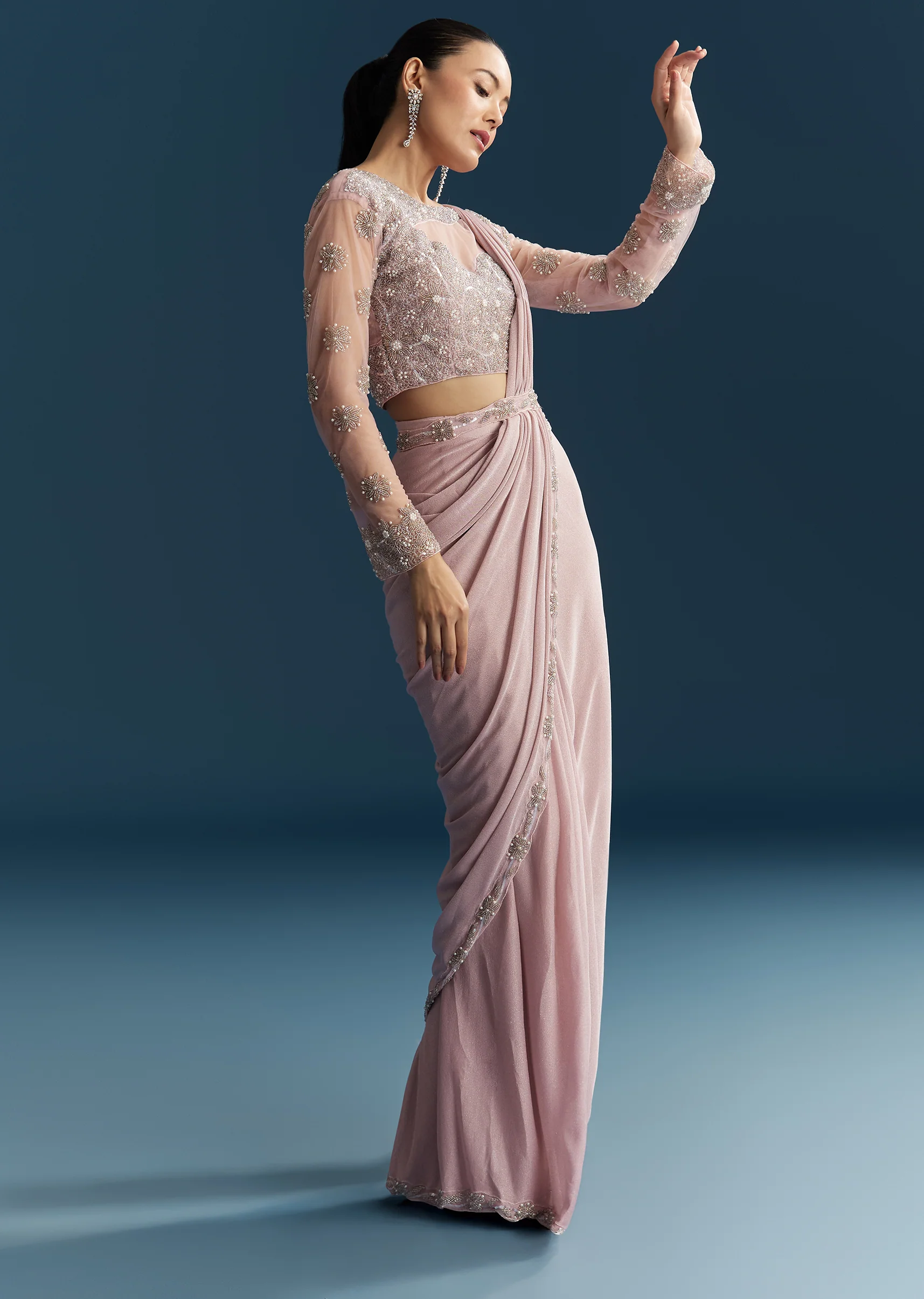 Pink Ready Pleated Saree With Beads And Moti Work