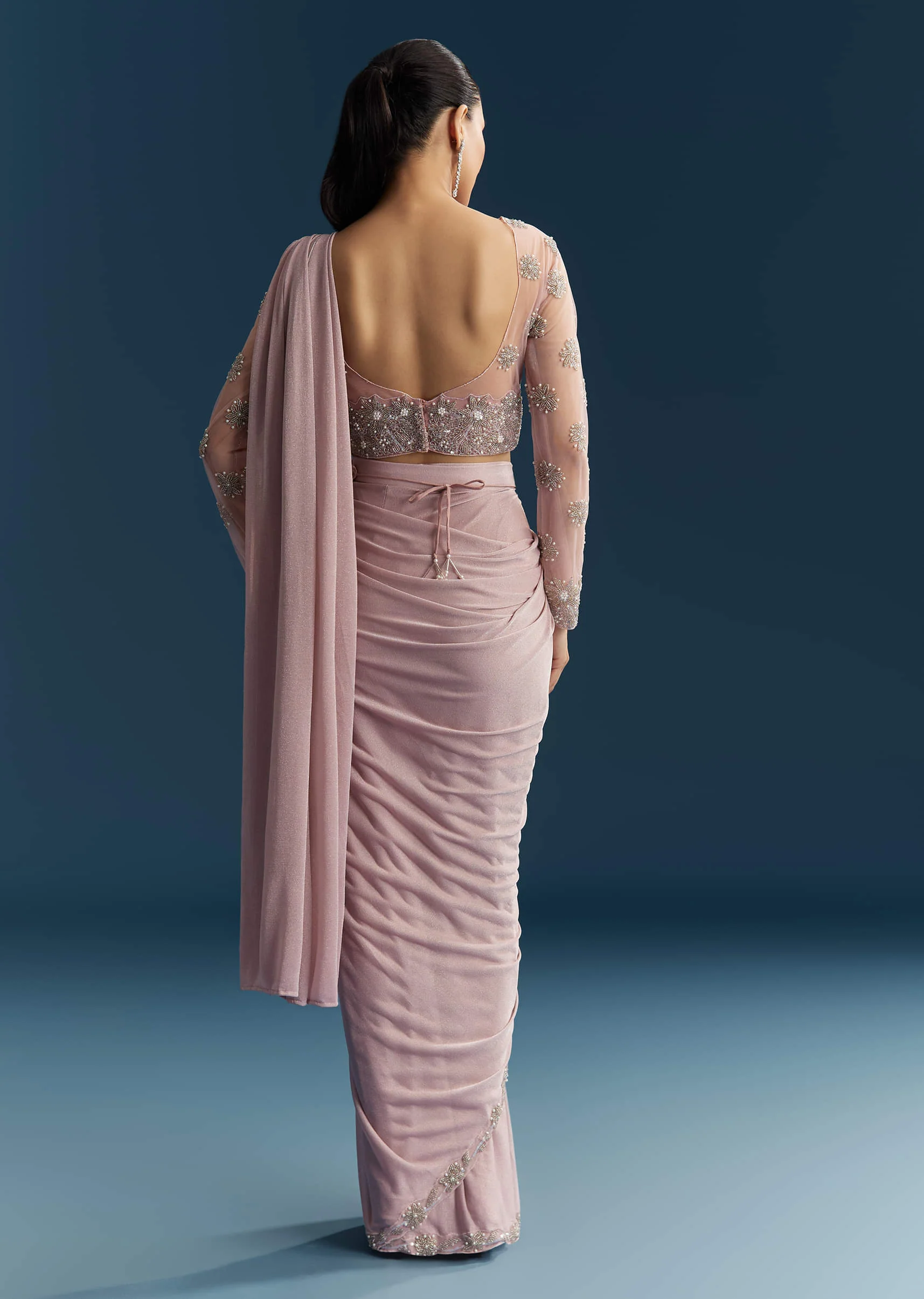 Pink Ready Pleated Saree With Beads And Moti Work - Image 5
