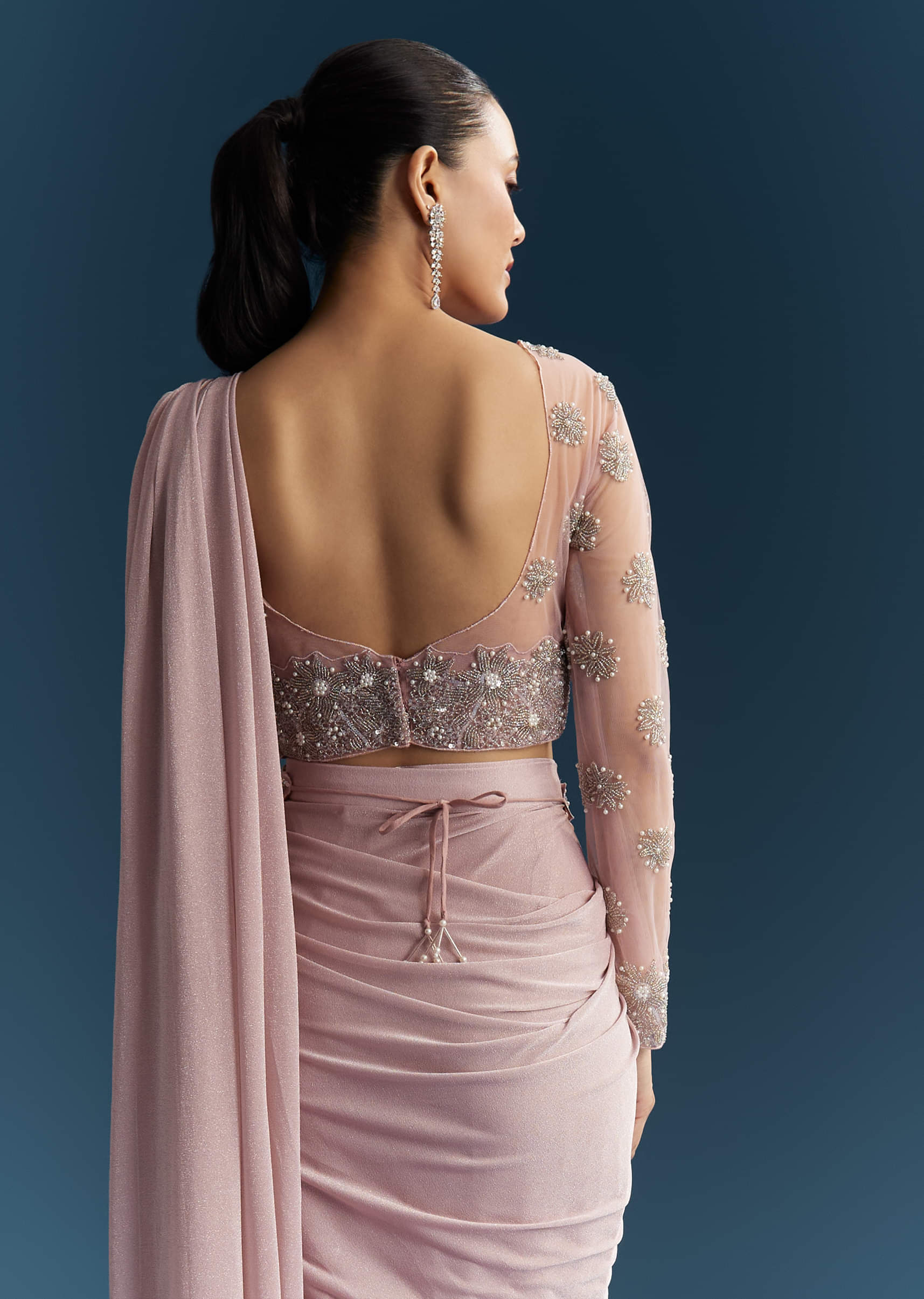 Pink Ready Pleated Saree With Beads And Moti Work - Image 6