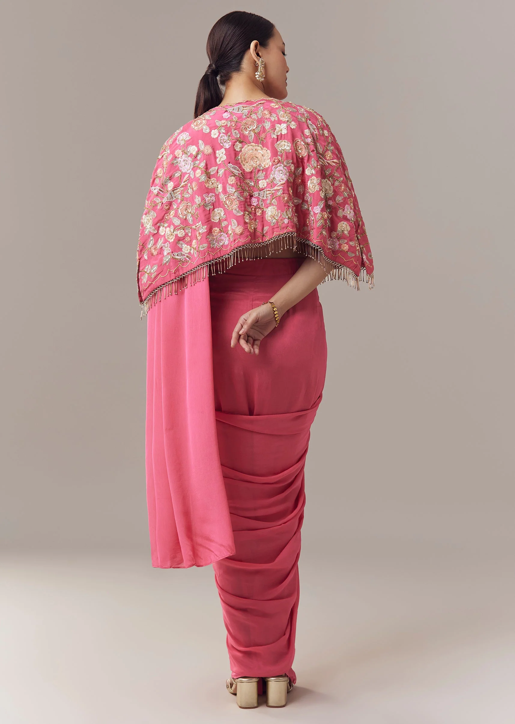 Pink Ready Pleated Saree With Cape Blouse And Resham And Sequins Work - Image 5