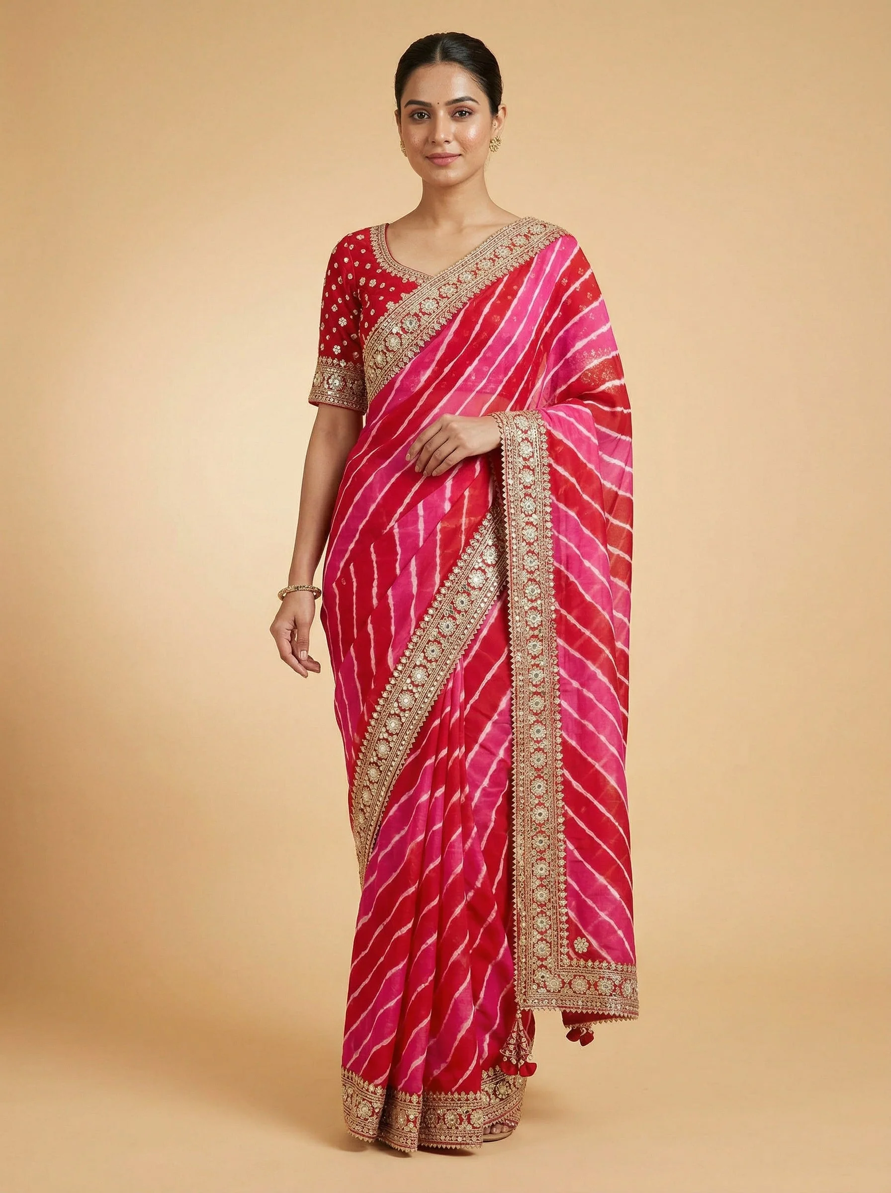 Pink Red Blended Embroidered Saree