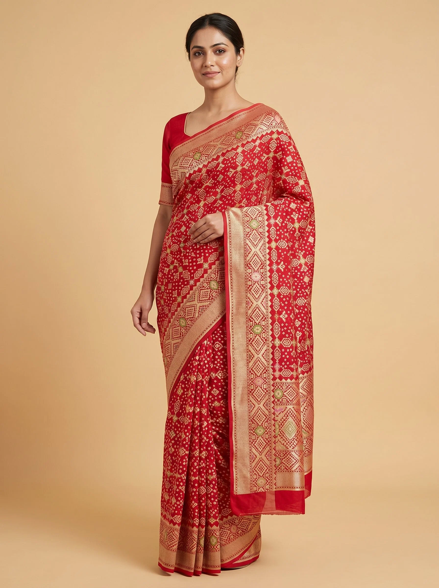 Pink Red Fusion Bandhani Saree