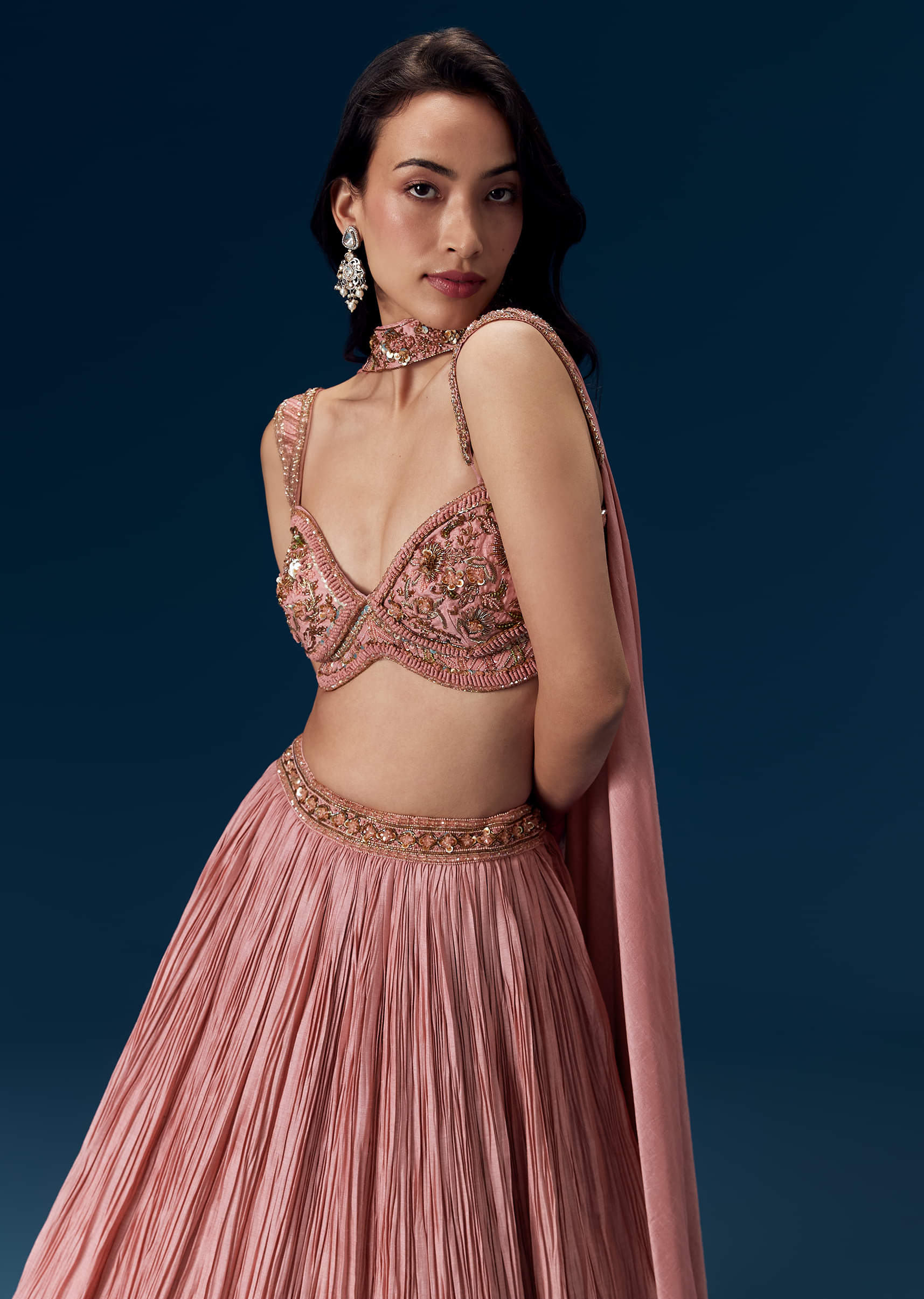 Pink Ruched Bridesmaid Lehega with Choker Dupatta - Image 5
