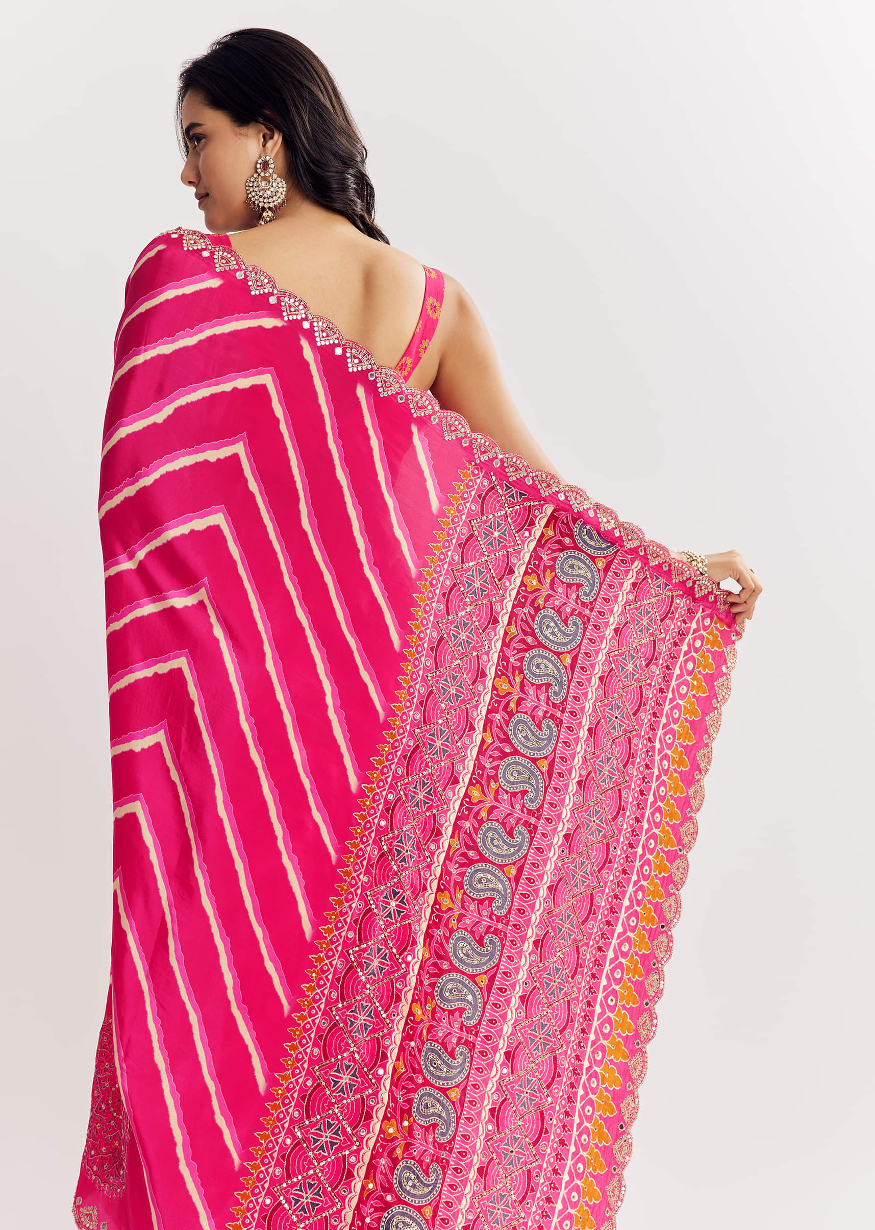 Pink Satin Saree With Gota And Mirror Embroidery - Image 6