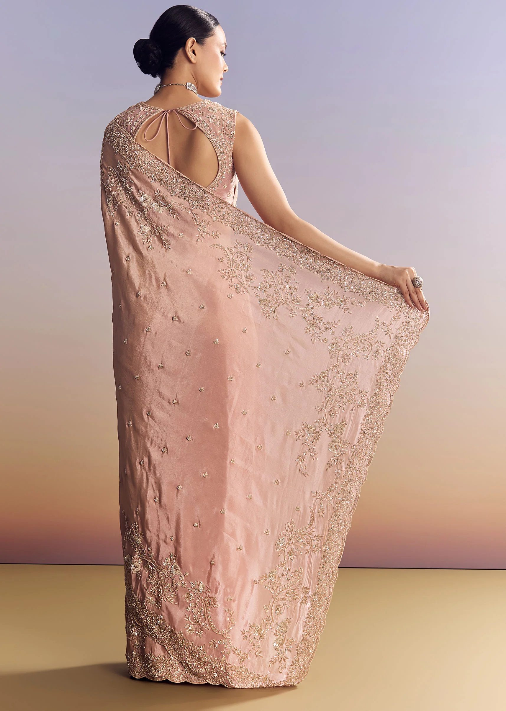 Pink Satin Saree With Scalloped Embroidery - Image 6