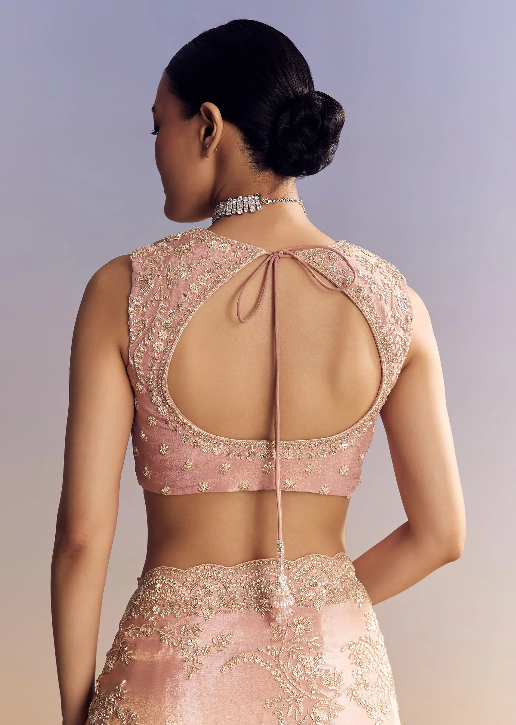 Pink Satin Saree With Scalloped Embroidery - Image 8