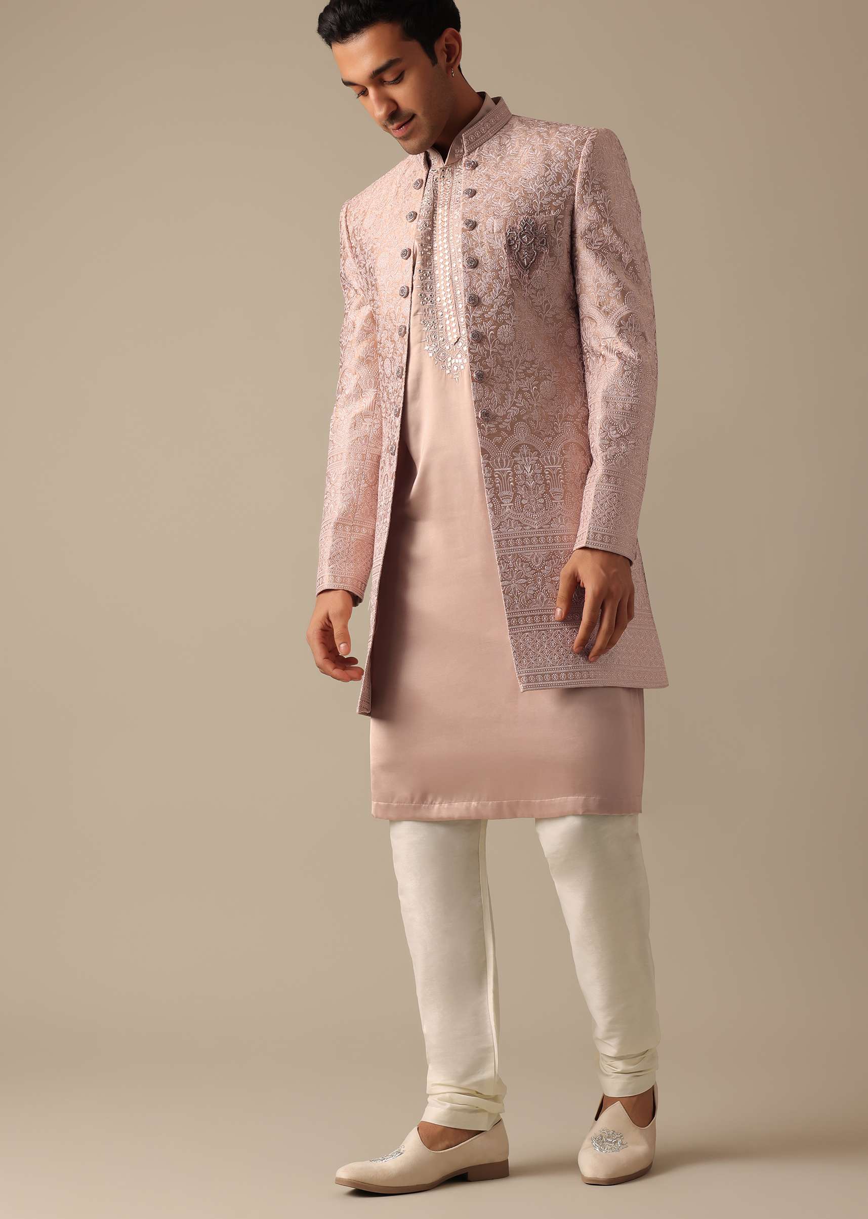 Pink Satin Silk Sherwani And Kurta Set - Image 4