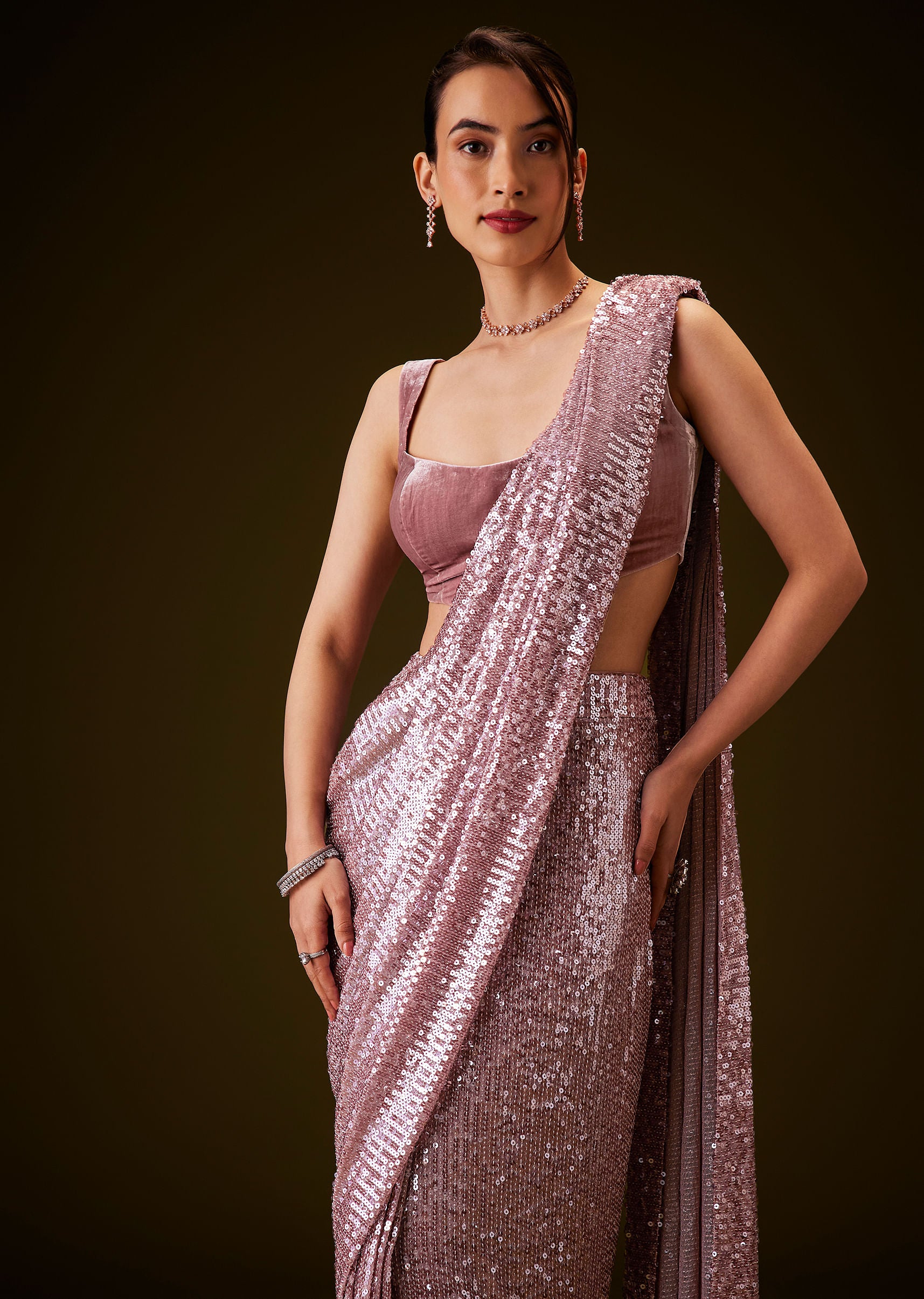 Pink Sequin Velvet Saree With Matching Blouse - Image 2