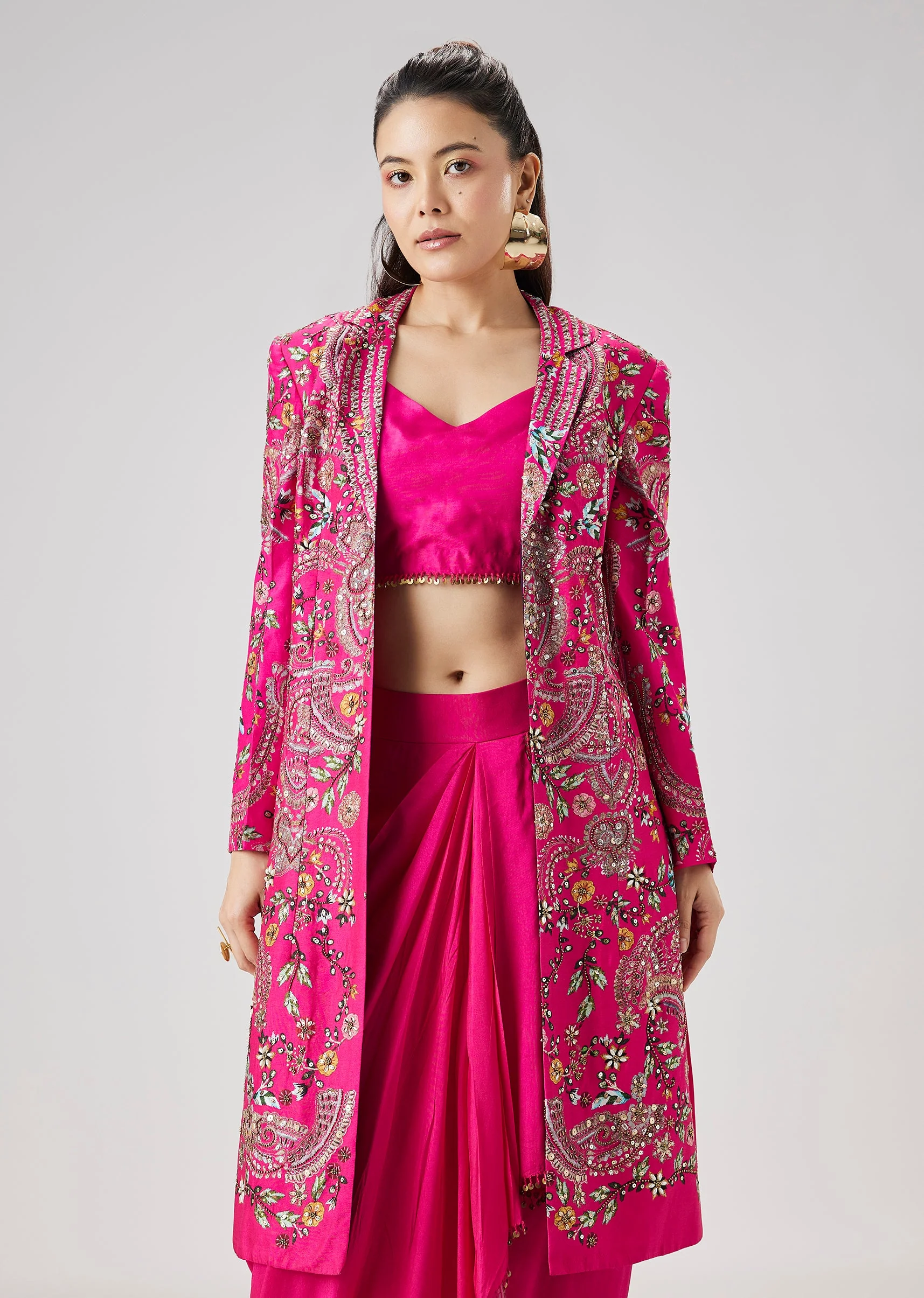 Pink Silk Crop Top Skirt Set With Printed Embellished Jacket - Image 4
