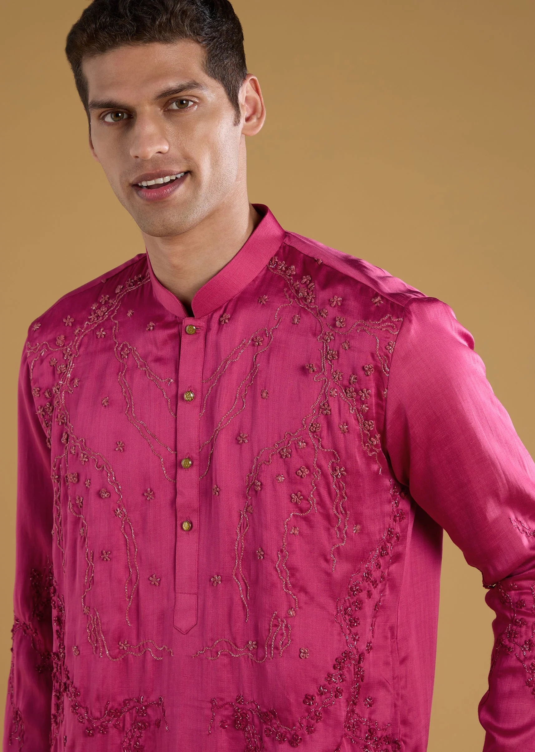 Pink Silk Embroidered Men's Kurta Set With Hand Dyed Bandhani Dupatta - Image 4