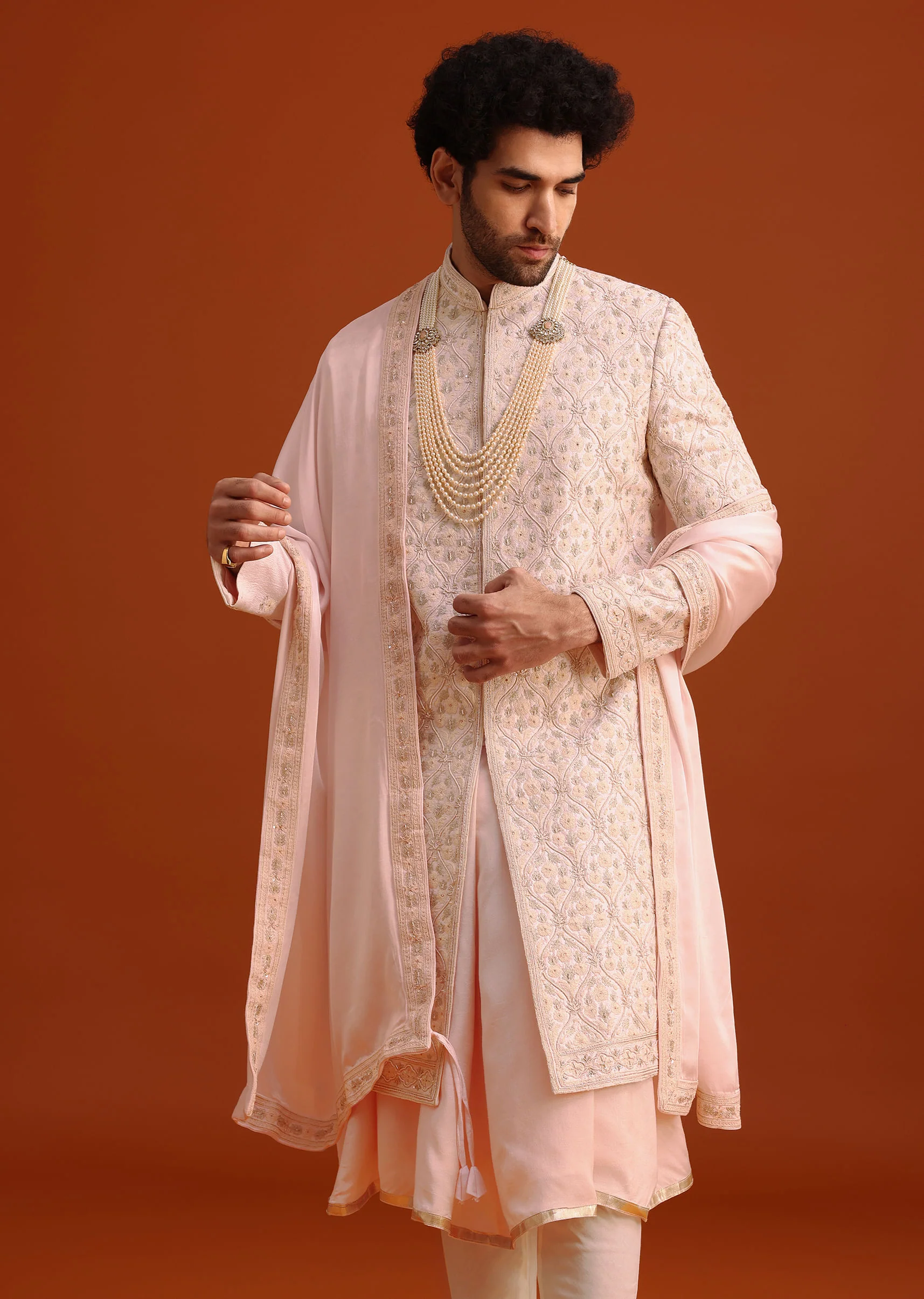 Pink Silk Embroidered Sherwani Set With Dupatta - Image 4