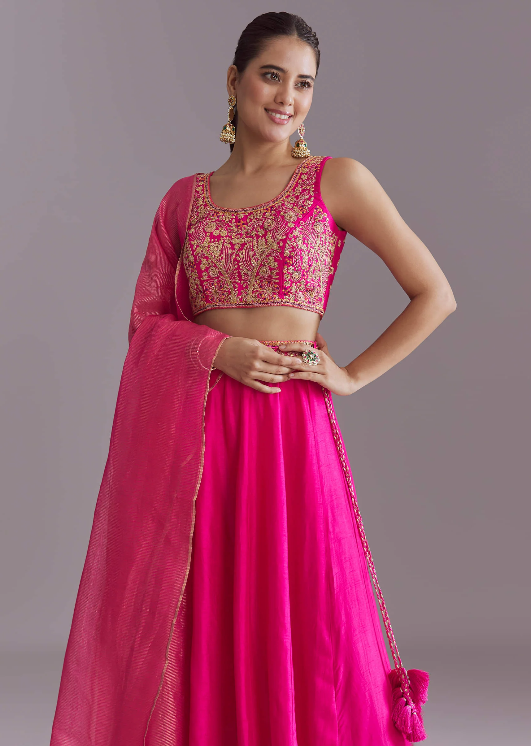 Pink Silk Festive Lehenga With Zari Embroidery - Image 4