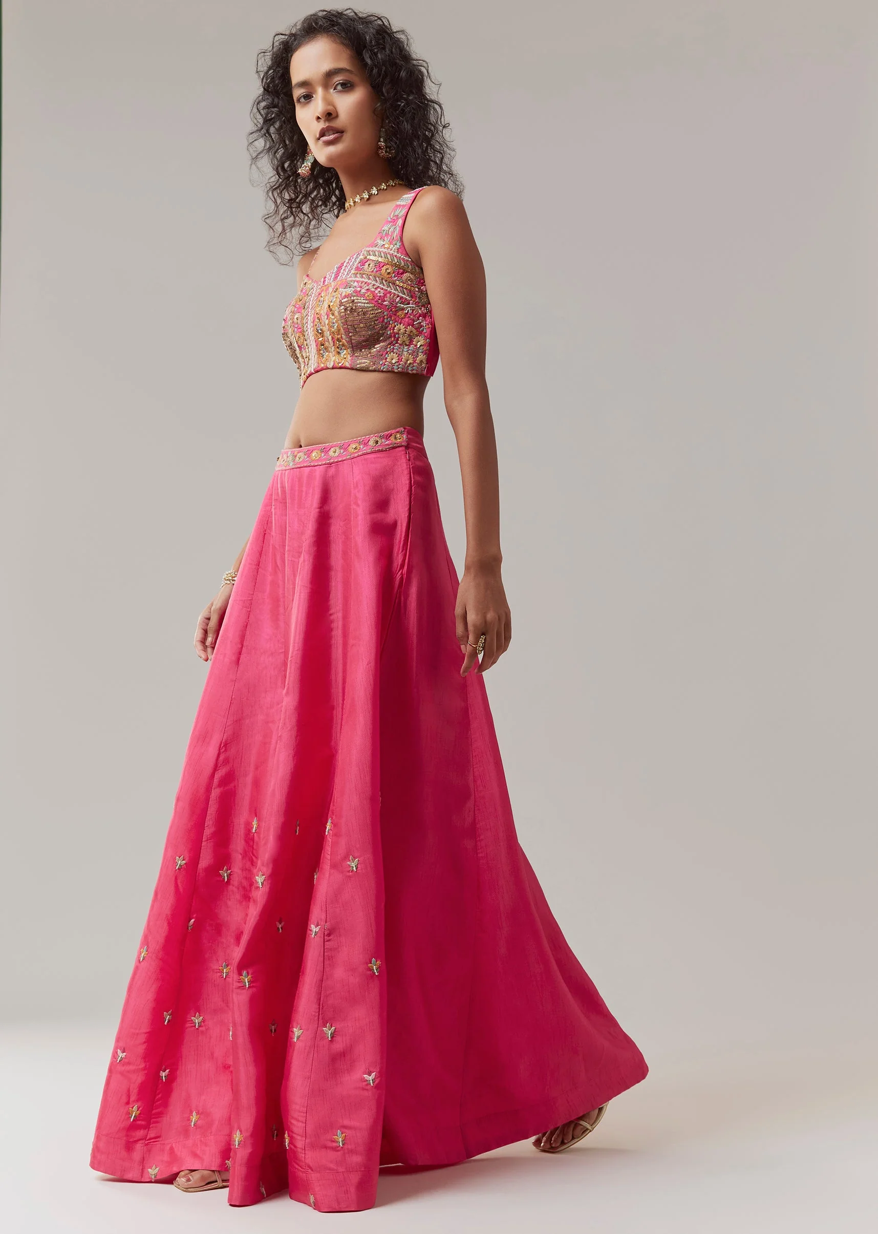 Pink Silk Indowestern Crop Top and Palazzo Set - Image 6