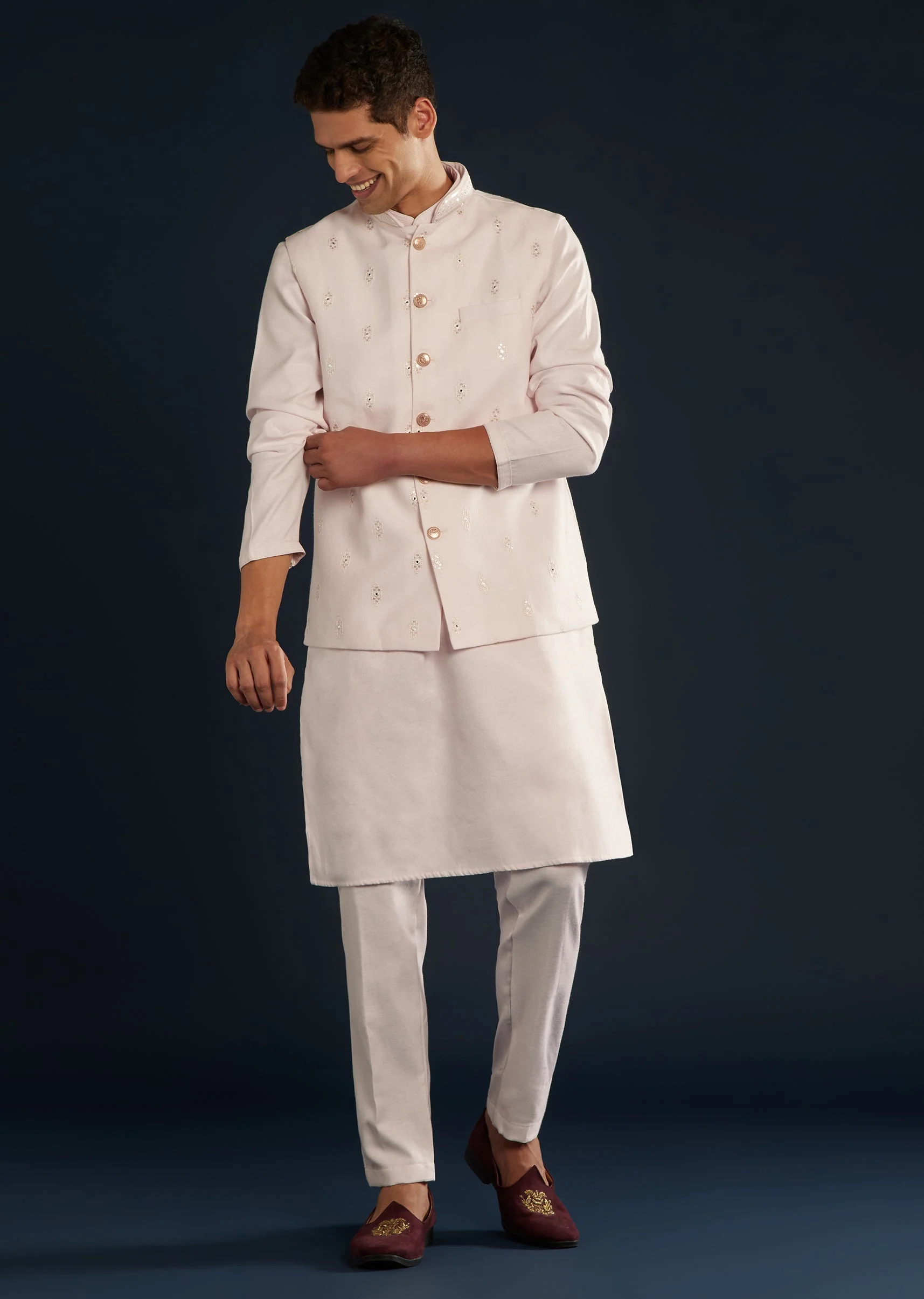 Pink Silk Jacket Kurta Set With Resham Sequins Work - Image 2