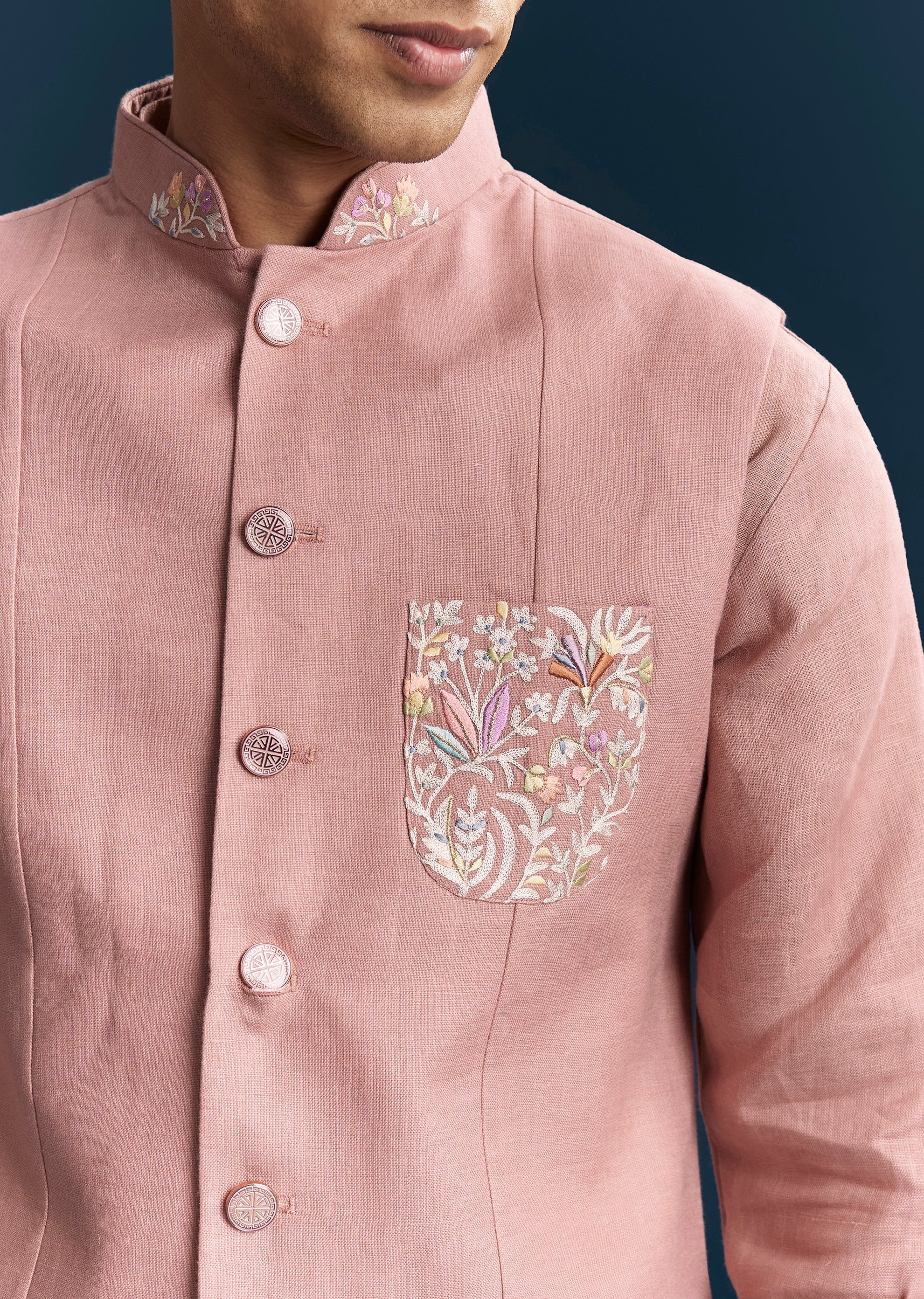 Pink Silk Kurta Jacket Set With Minimal Thread Detail Work - Image 2