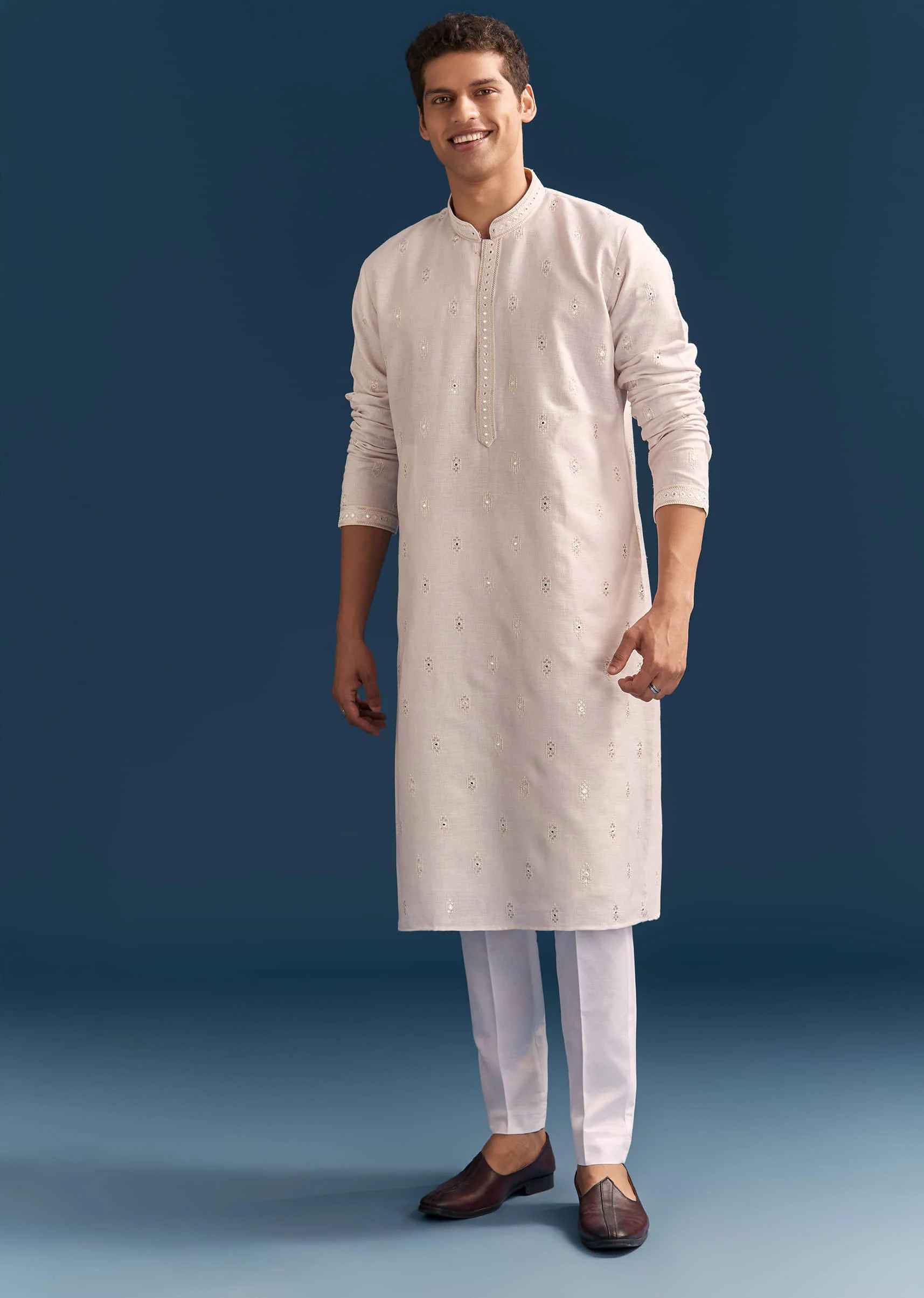 Pink Silk Kurta Set For Men With Mirror Embroidery - Image 2
