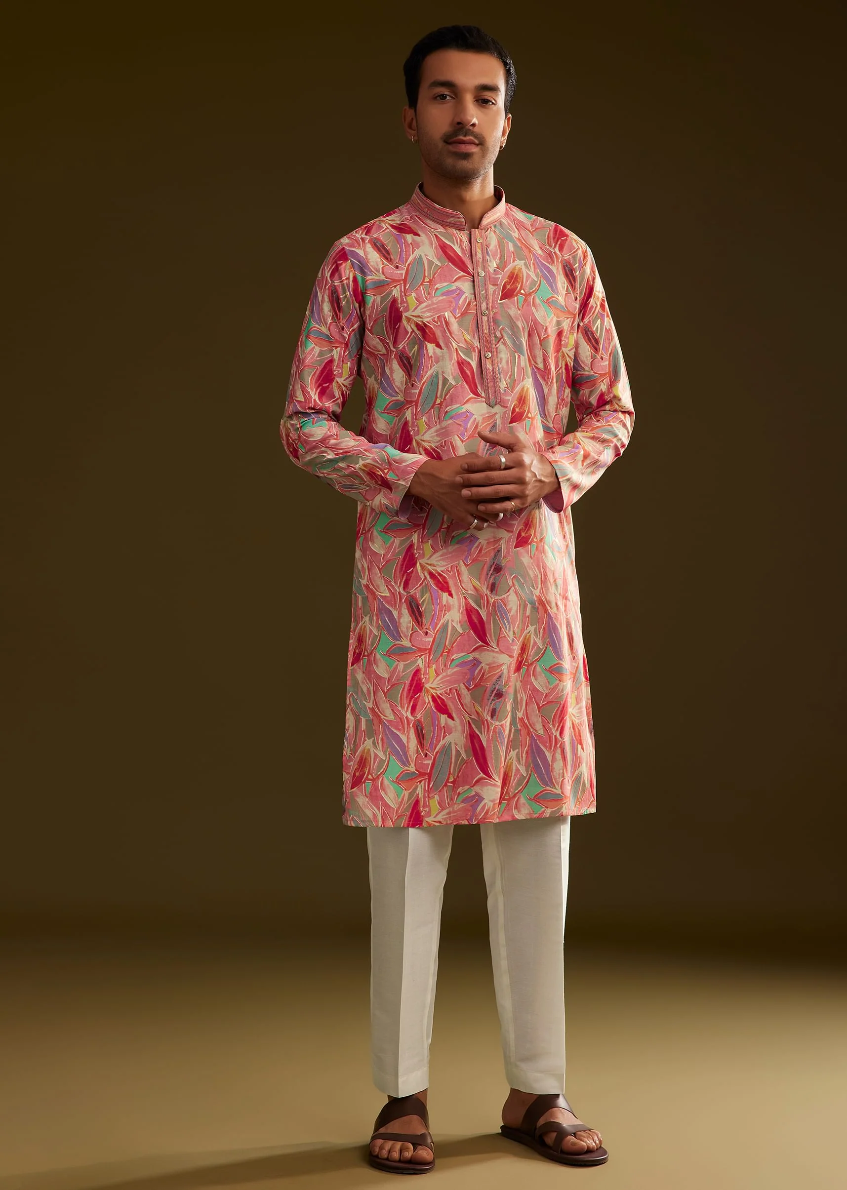 Pink Silk Leaf Printed Kurta Set - Image 2