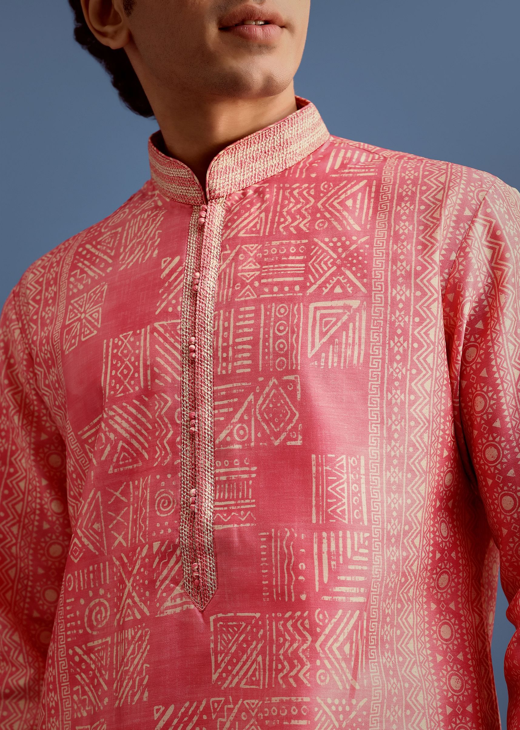 Pink Silk Printed Kurta Set With Mandarin Collar - Image 2