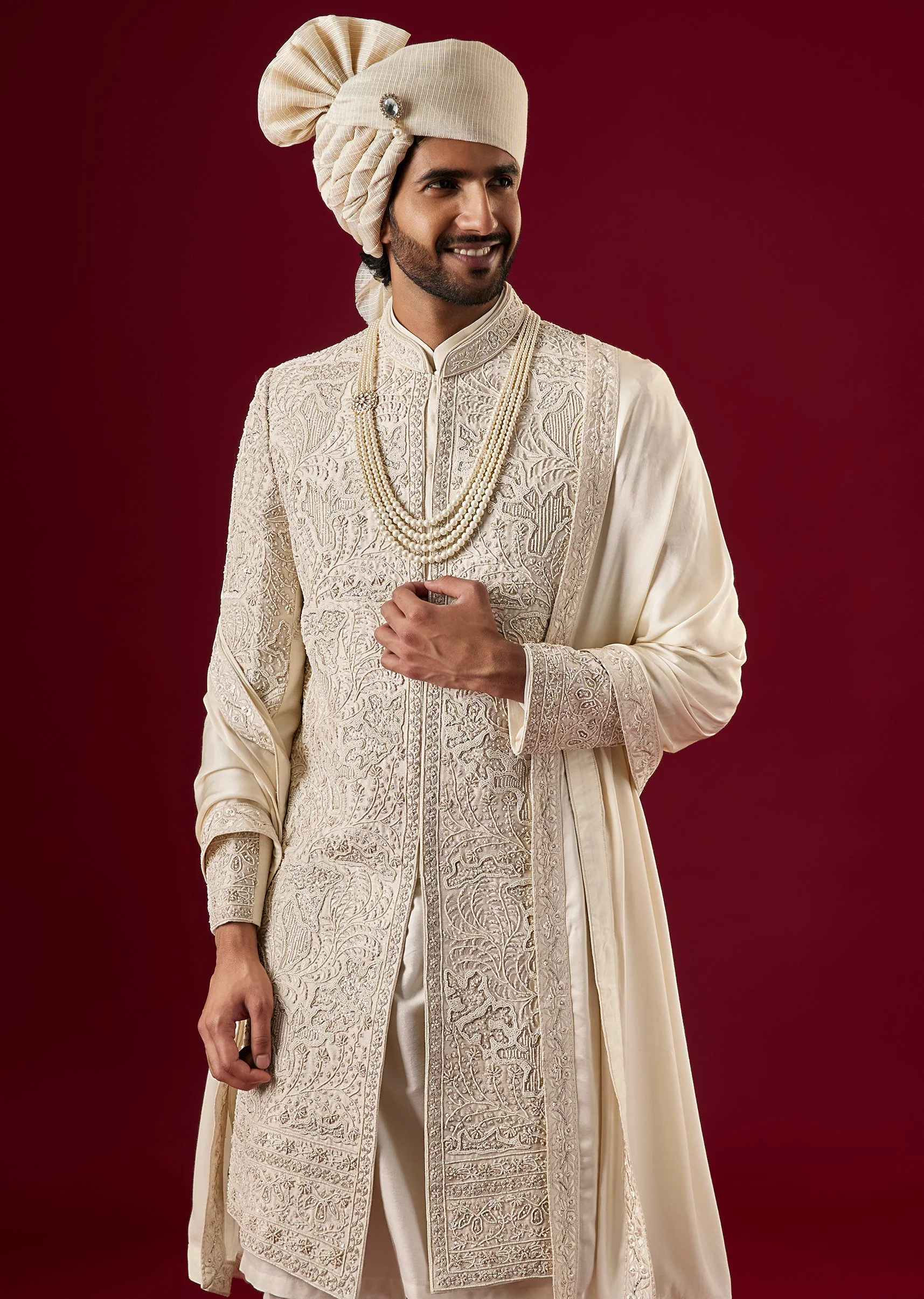 Pink Silk Sherwani Set With Zardosi Bead Work - Image 2