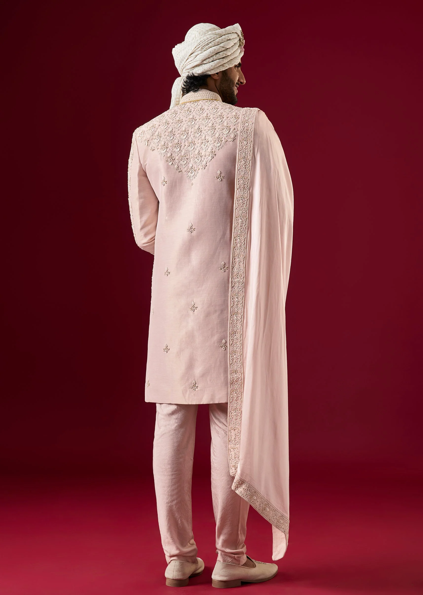 Pink Silk Sherwani Set With Zardosi Work - Image 6