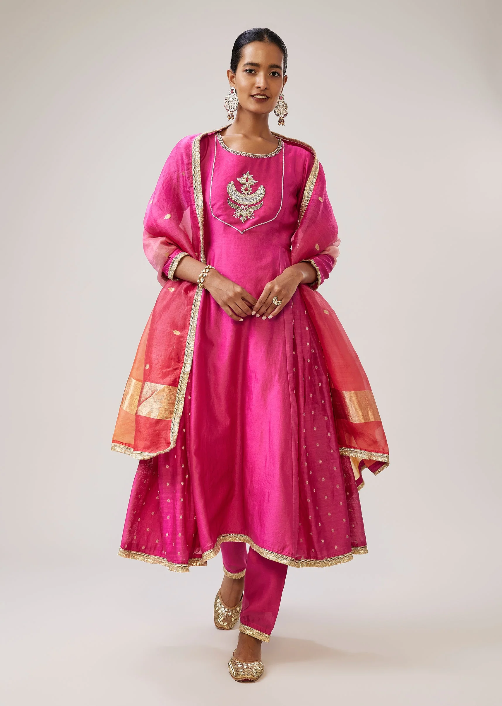 Pink Silver Zardozi Anarkali Set With Pant And Dupatta - Image 3