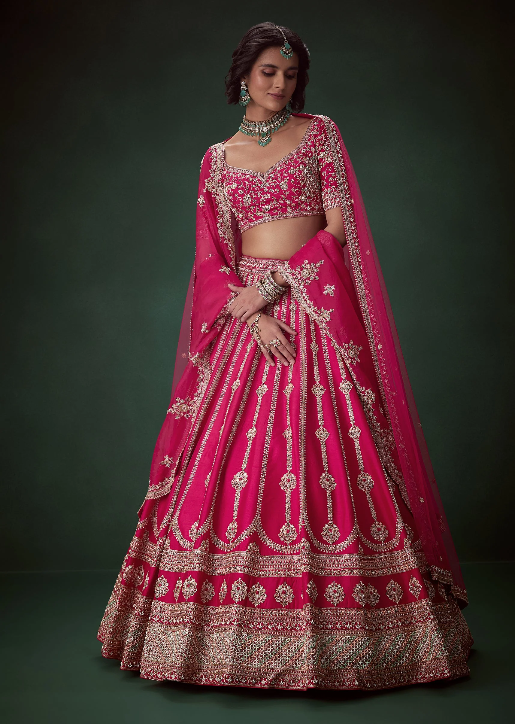 Pink Stone Embroidered Bridal Lehenga Set - Image 4