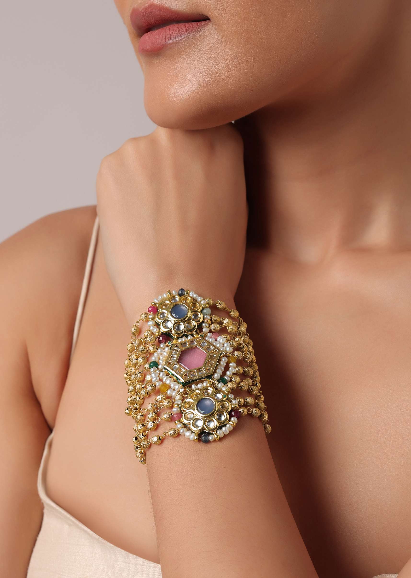 Pink Stone Studded Layered Bracelet With Kundan - Image 2