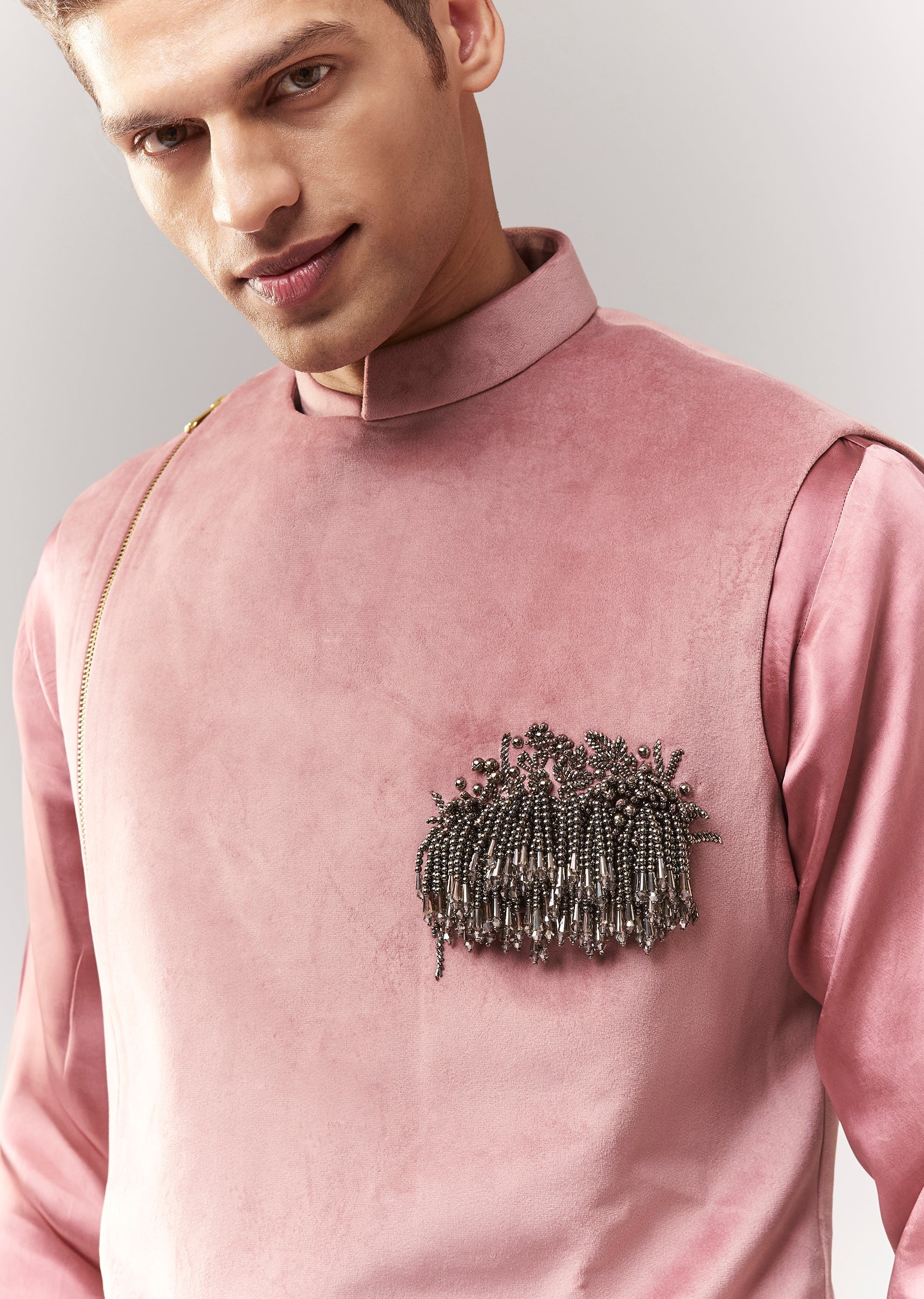 Pink Suede Patch Pocket Bandi Set With Tassels Stones And Beads - Image 2