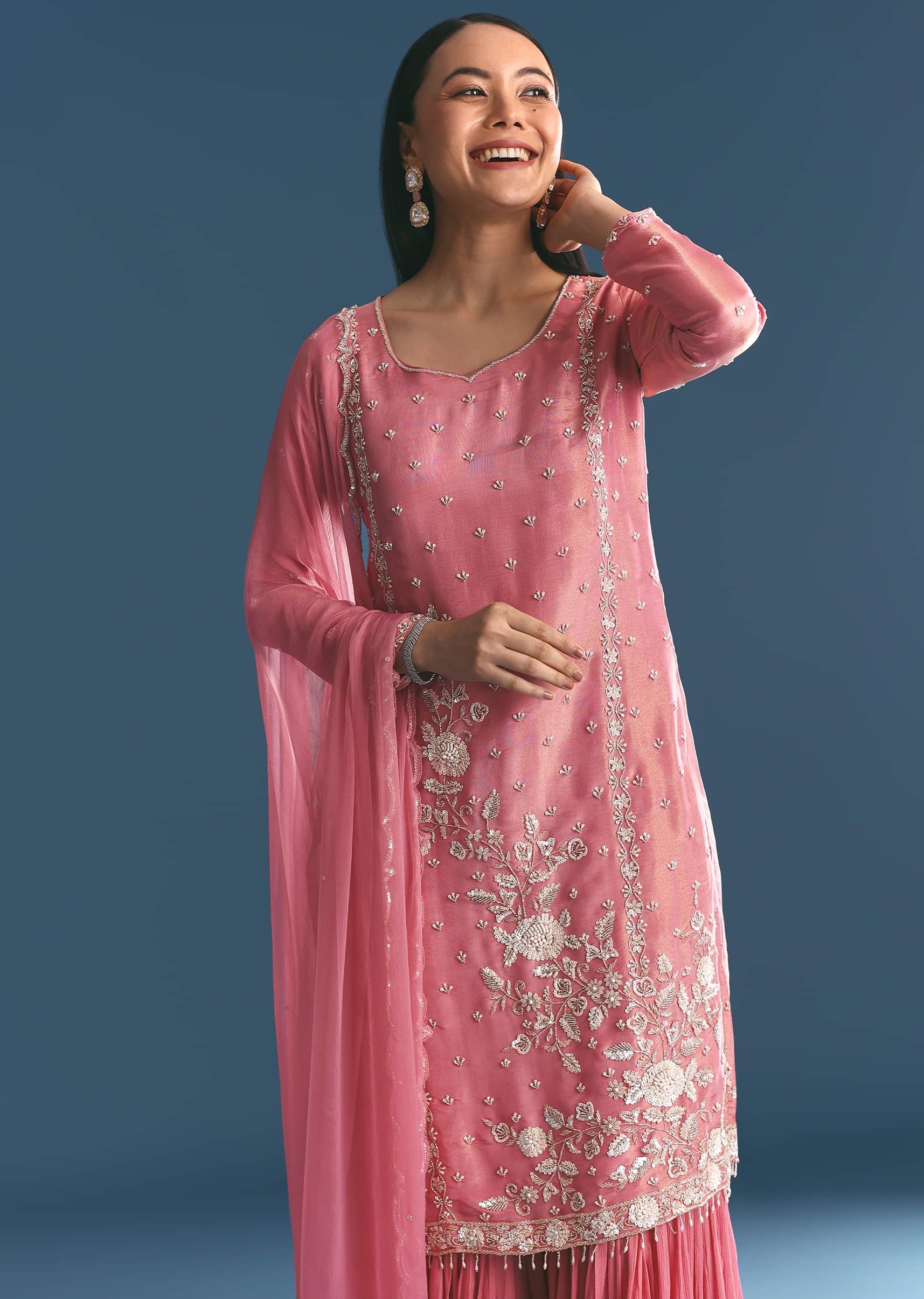 Pink Tissue Kurta Sharara Suit With Moti Cut Dana Work - Image 3