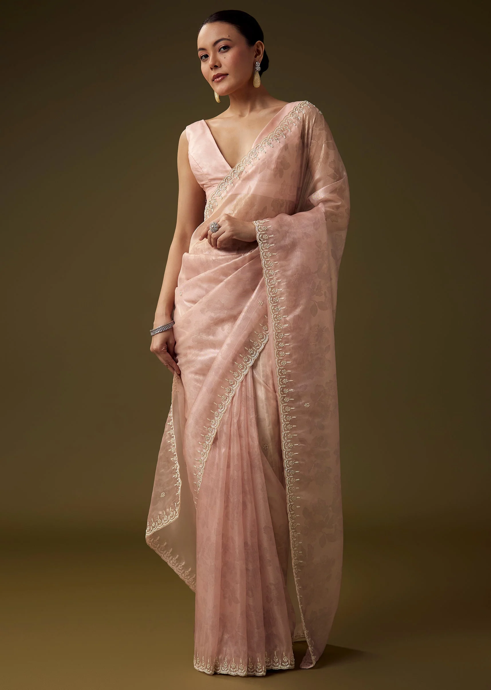 Pink Tissue Moti Embroidered Saree with Unstitched Blouse - Image 3