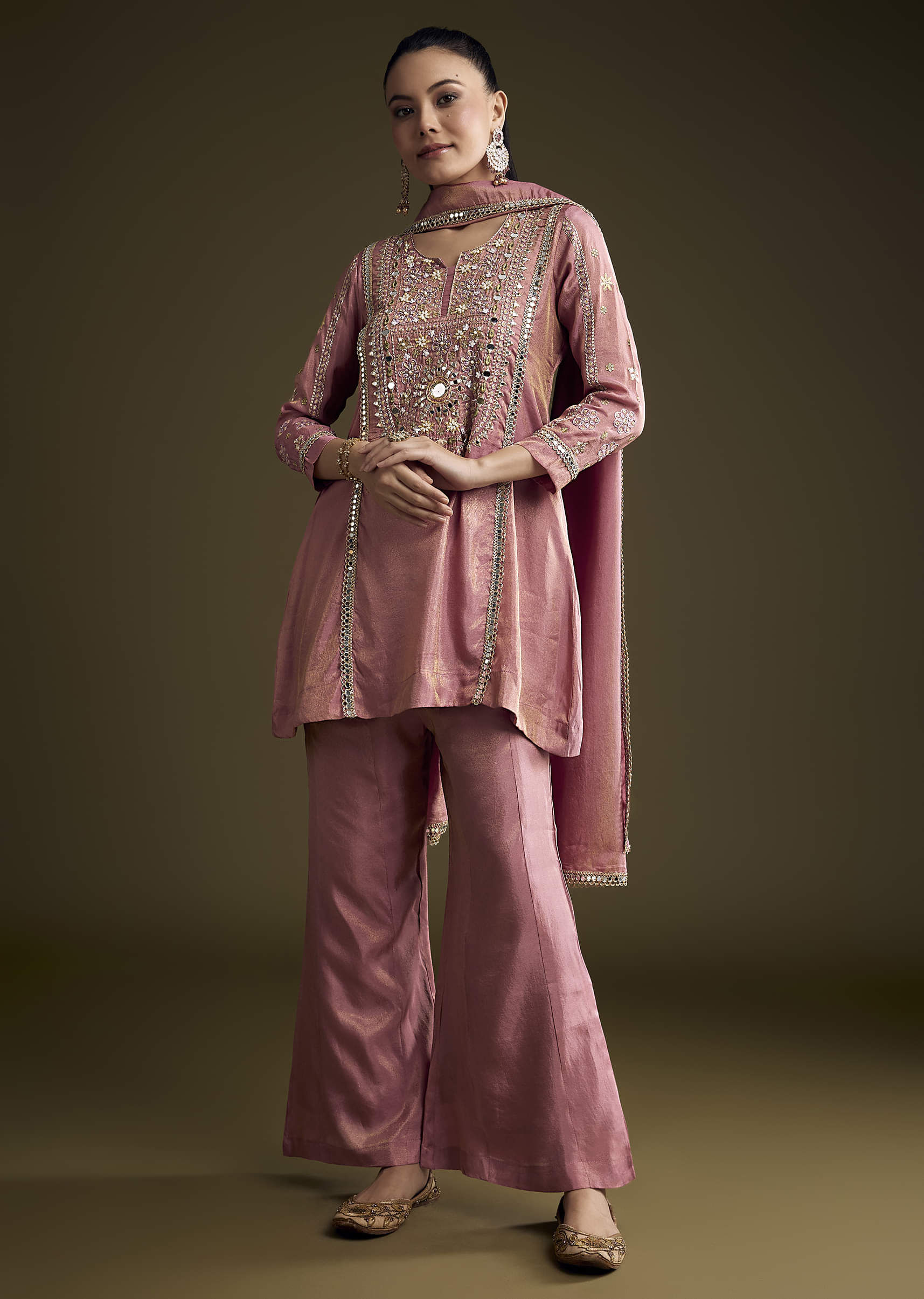 Pink Tissue Palazzo Suit With Mirror And Zari Embroidery - Image 3