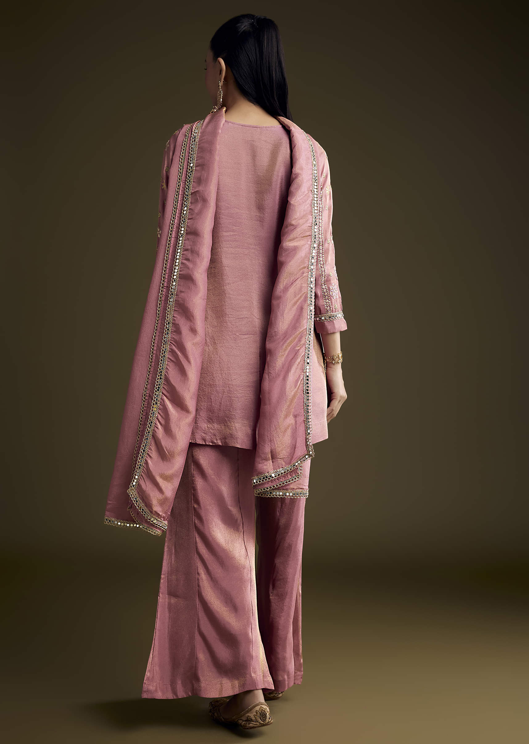 Pink Tissue Palazzo Suit With Mirror And Zari Embroidery - Image 5