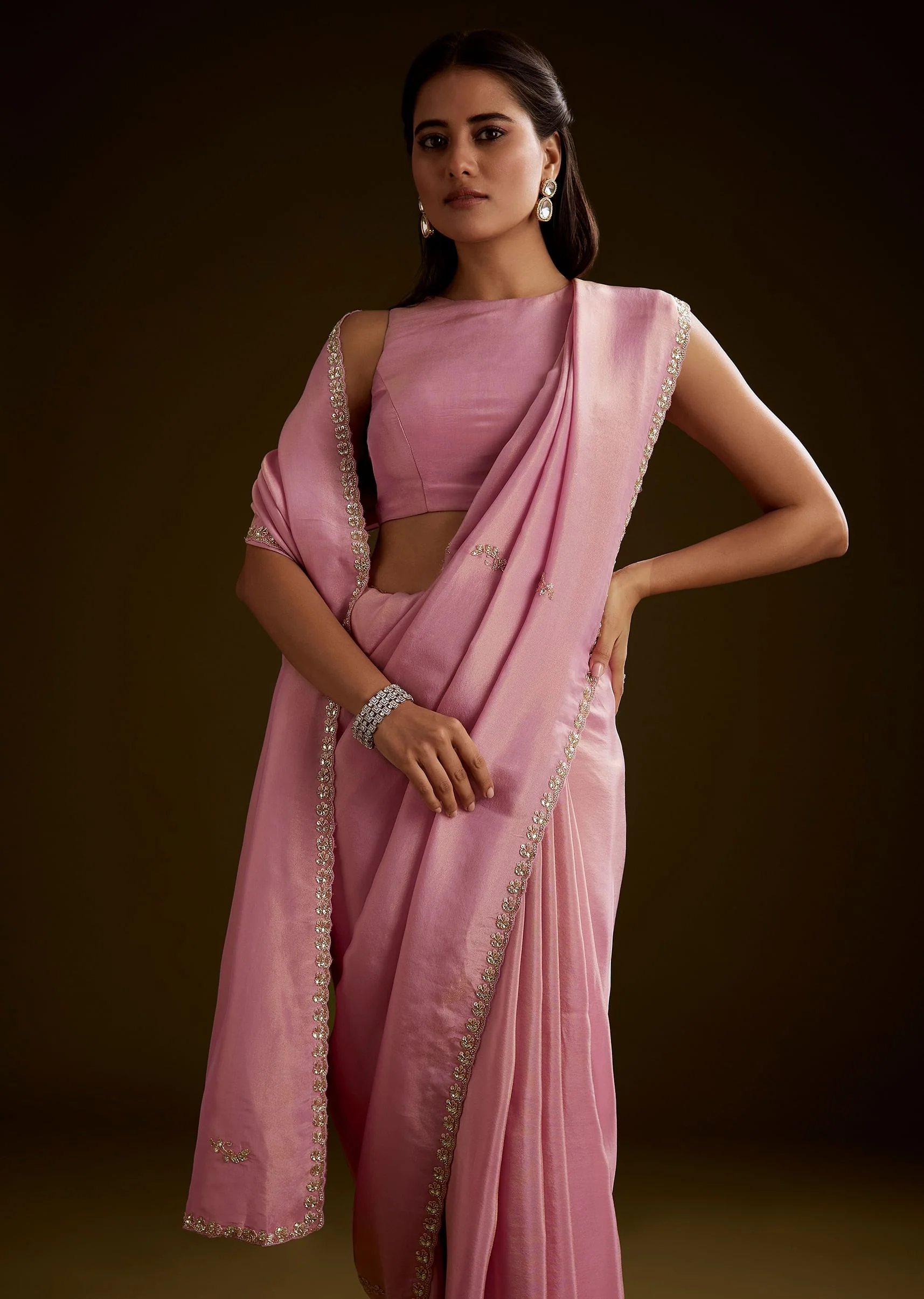 Pink Tissue Saree With Cutdana Embroidery And Scallop Border - Image 3