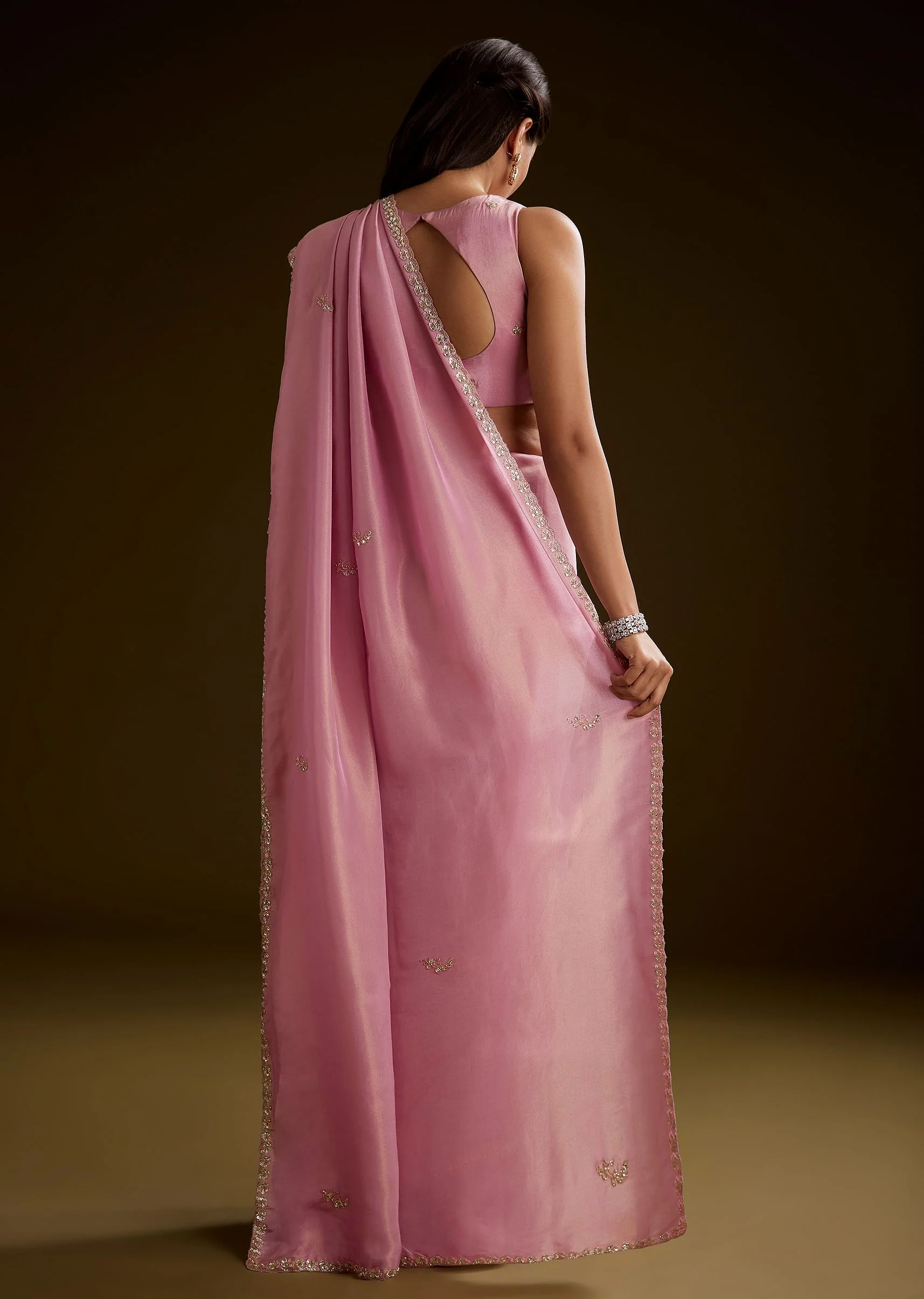 Pink Tissue Saree With Cutdana Embroidery And Scallop Border - Image 4