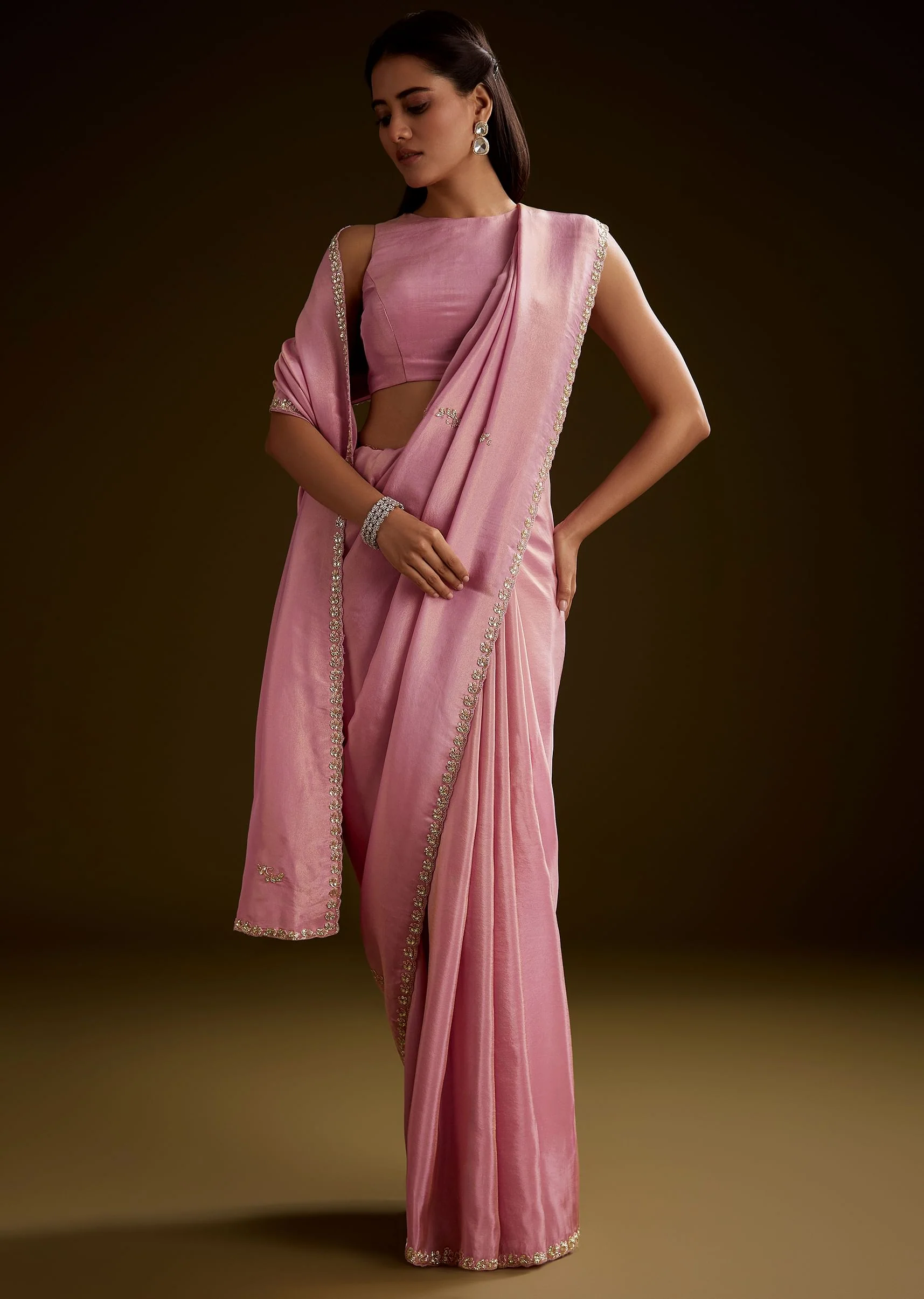 Pink Tissue Saree With Cutdana Embroidery And Scallop Border - Image 5