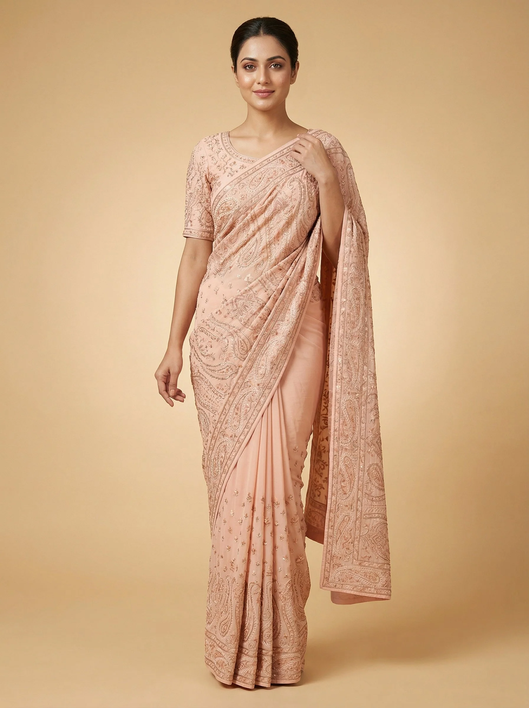 Pink Velvet-Tone Embroidered Saree