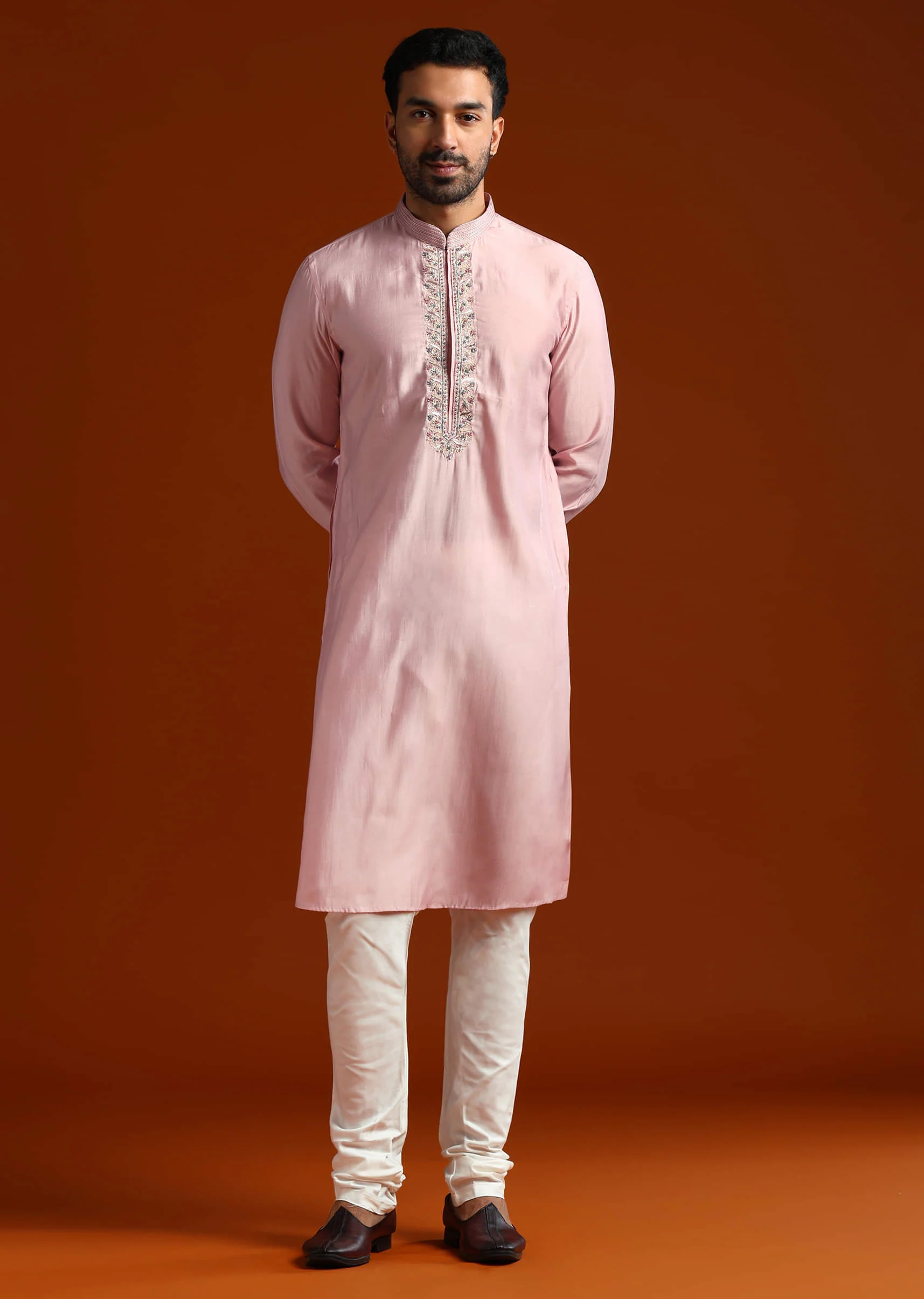 Pink Viscose Kurta Set For Men With Heavy Hand Embroidery - Image 4