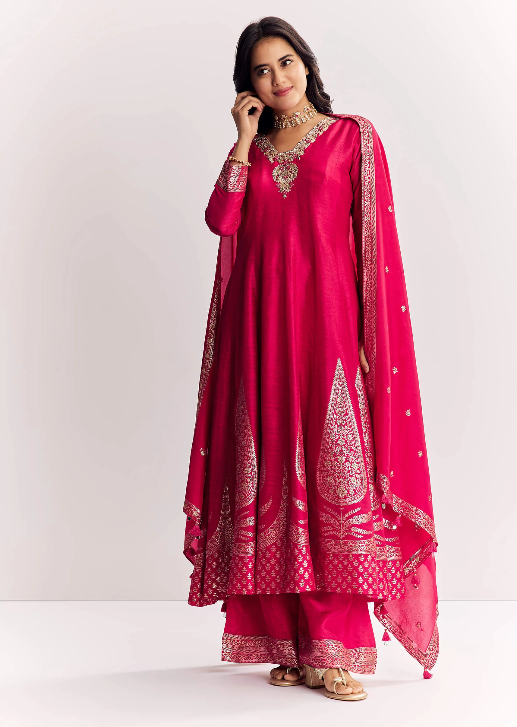 Pink Weave Silk Anarkali Suit With Dupatta - Image 3